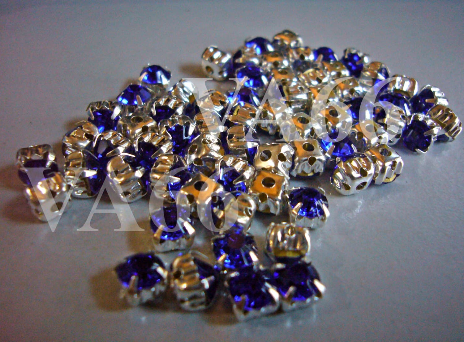 Sapphire Round Rose Montee Faceted Sew On Acrylic Glass Rhinestone Beads 5mm 90p Vintage Look 4 hole Pronged Silver base Diamond Separators - image 4