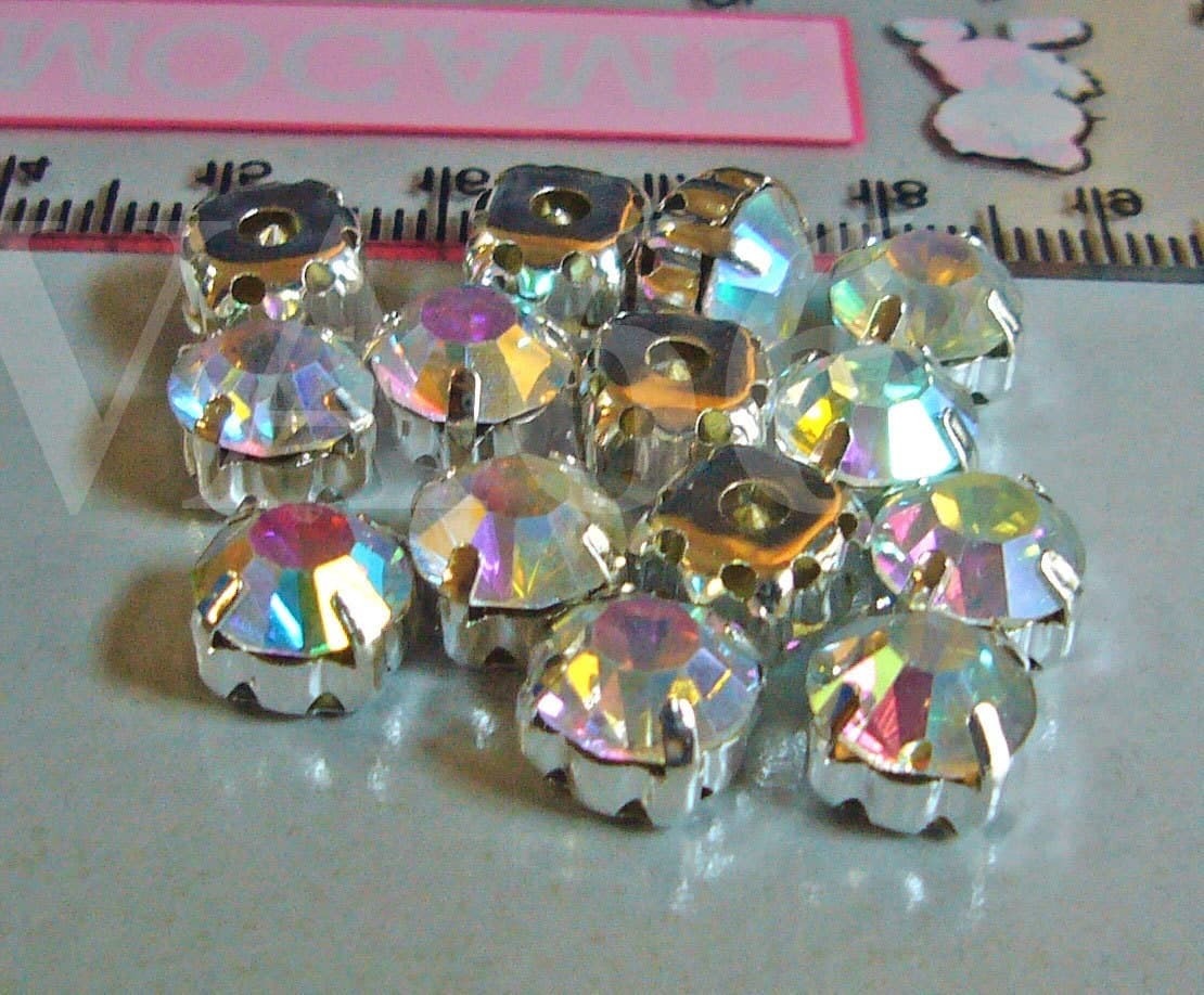 Crystal AB Round Rose Montee Faceted Sew On Acrylic Glass Rhinestone Beads 9mm 15p Vintage Look 4 hole Pronged Silver base Diamond Separator