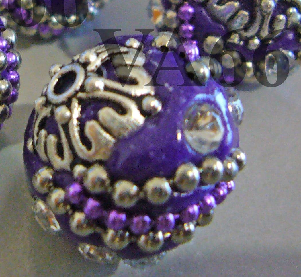 Vintage Look DIY Detailed Beads Purple Silver Color 18mm x 19mm, 4p with silver details, Rhinestones Through hole for jewelry making, craft