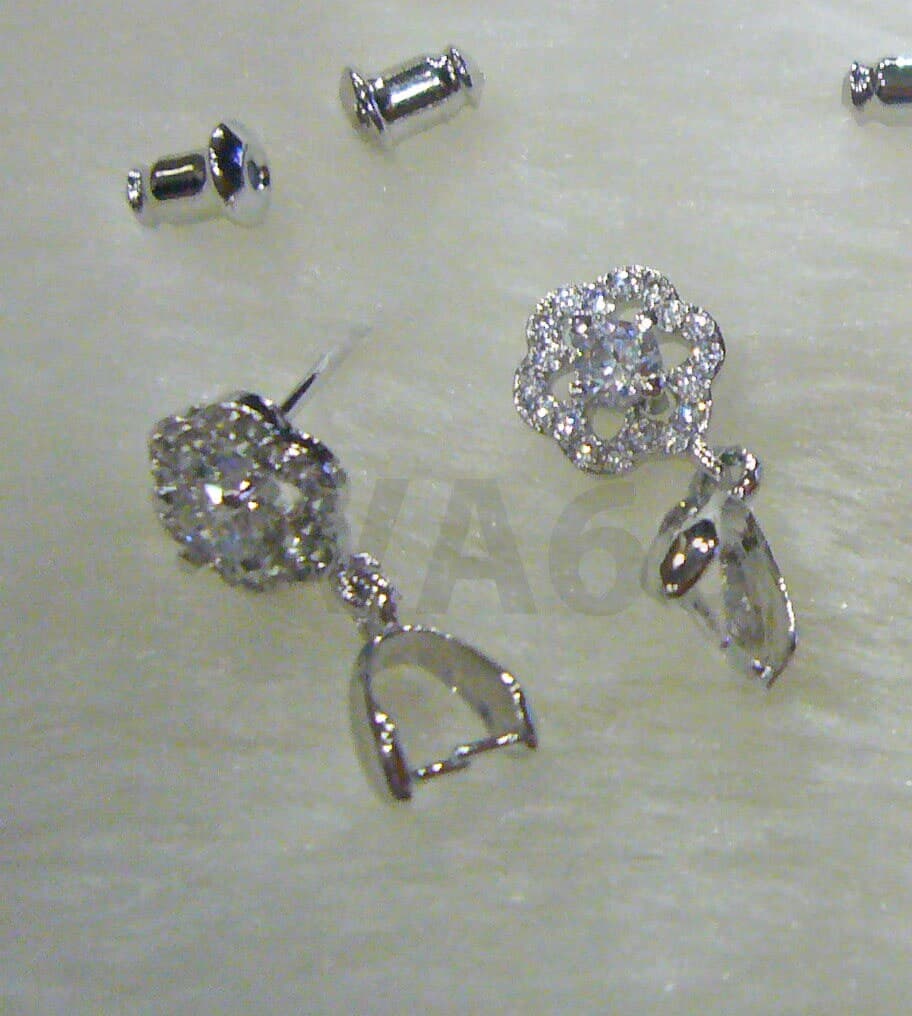 DIY White Gold Plated CZ Stud Earrings Diamond Cut Round CZ stone Small CZs Flower Cubic Zirconia  Pendant Bail Jewelry Supplies Findings - image 4