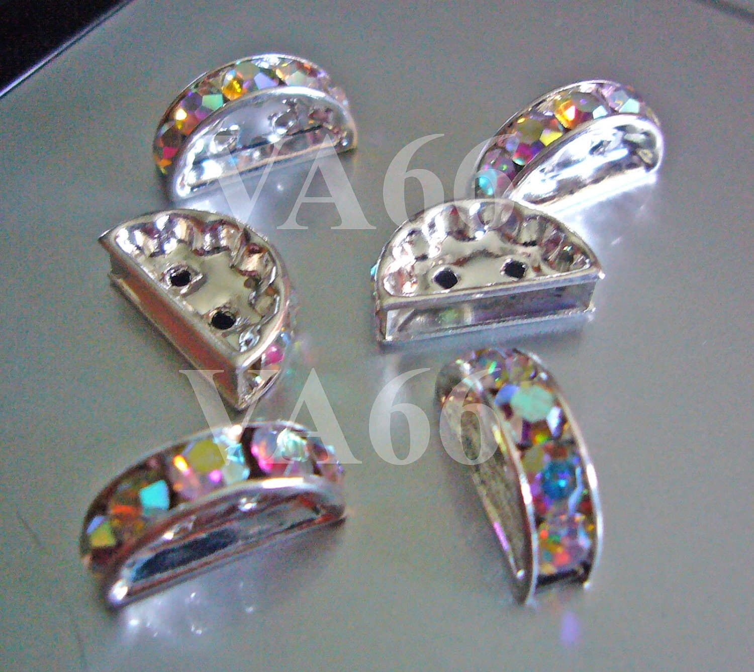 10p 18KGP Crystal AB Rhinestone Diamond Bracelet Necklace Semi Circle Shape Separators Silver 2 hole Spacers Findings Parts 2 strand Jewelry - image 4