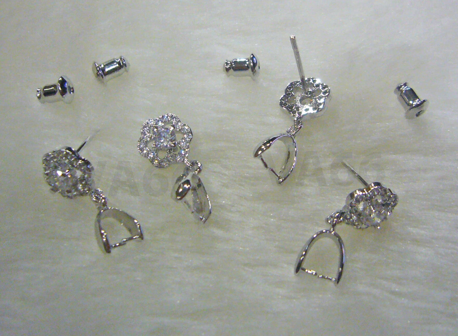 DIY White Gold Plated CZ Stud Earrings Diamond Cut Round CZ stone Small CZs Flower Cubic Zirconia  Pendant Bail Jewelry Supplies Findings - image 5