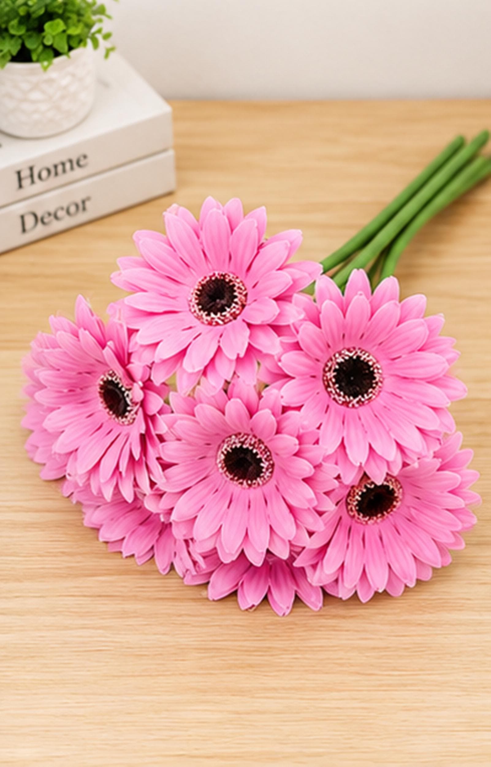 6 Stick Pink Artificial Daisy Bouquet, Silk Floral Arrangement, Fake Home Decor Bouquet - image 5