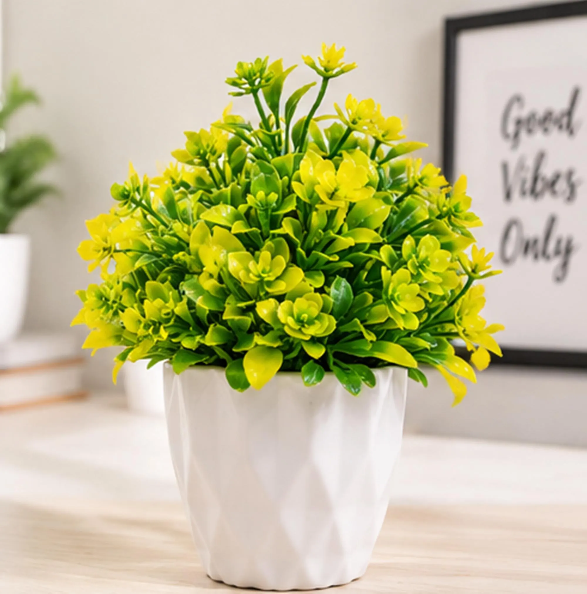 Green & Yellow Small Potted Plants, Artificial Mini Tropical Foliage in White Pots