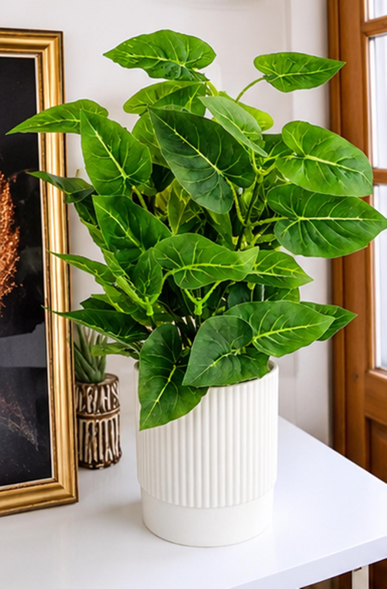 Artificial Golden Pothos Plant in Ribbed Terrazzo White Pot, Minimalist Home Decor