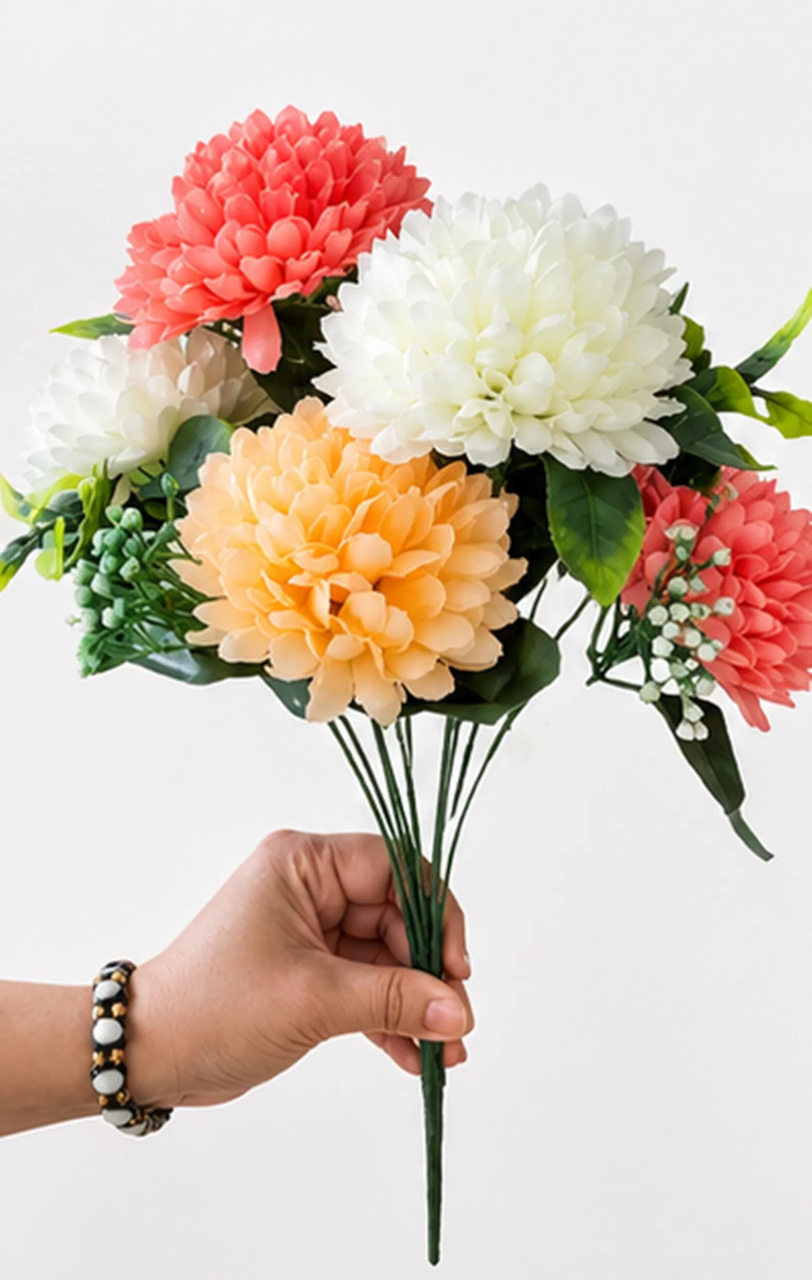 Mix Artificial Chrysanthemum Flower Bouquet, Fake Coral Peach White Floral Arrangement, Wedding Home Decor - image 3