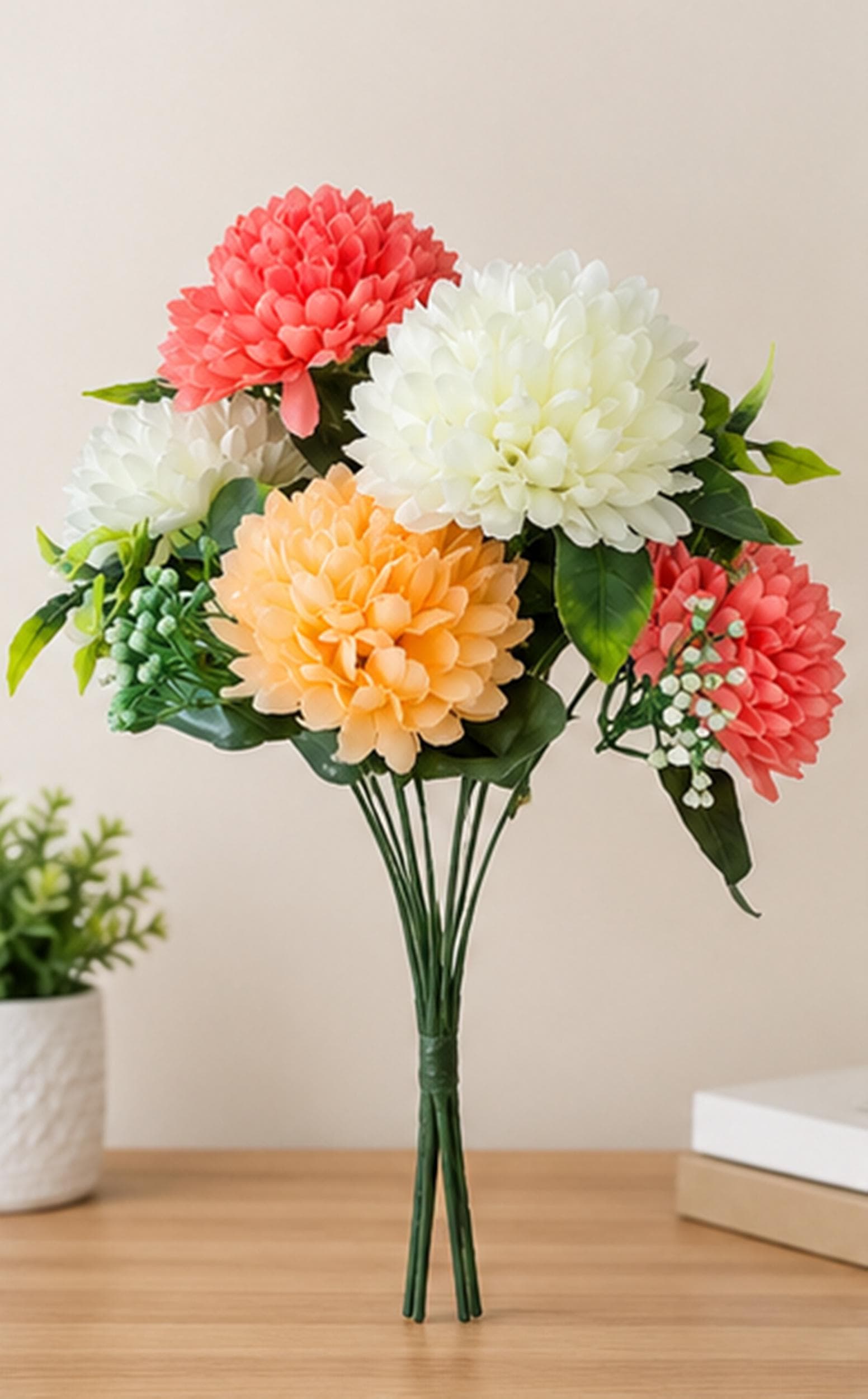 Mix Artificial Chrysanthemum Flower Bouquet, Fake Coral Peach White Floral Arrangement, Wedding Home Decor
