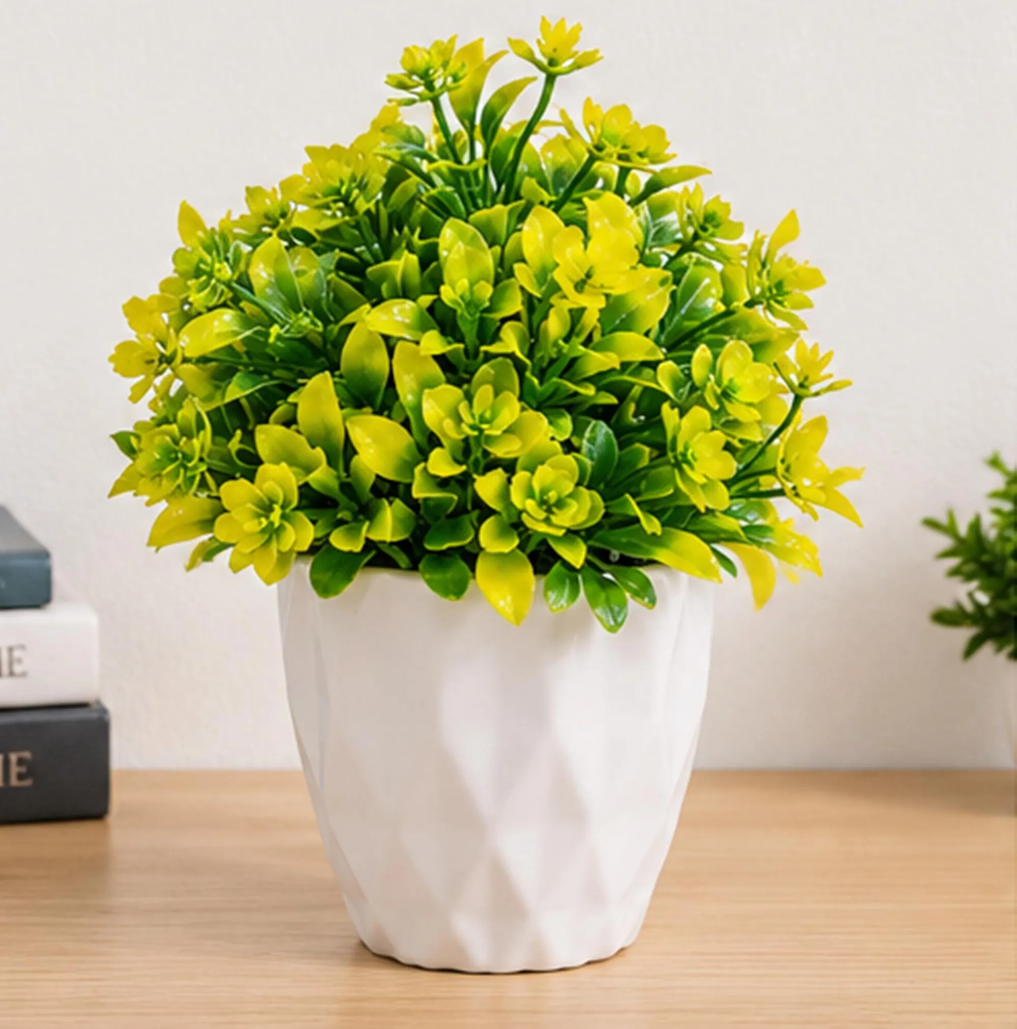 Green & Yellow Small Potted Plants, Artificial Mini Tropical Foliage in White Pots - image 5