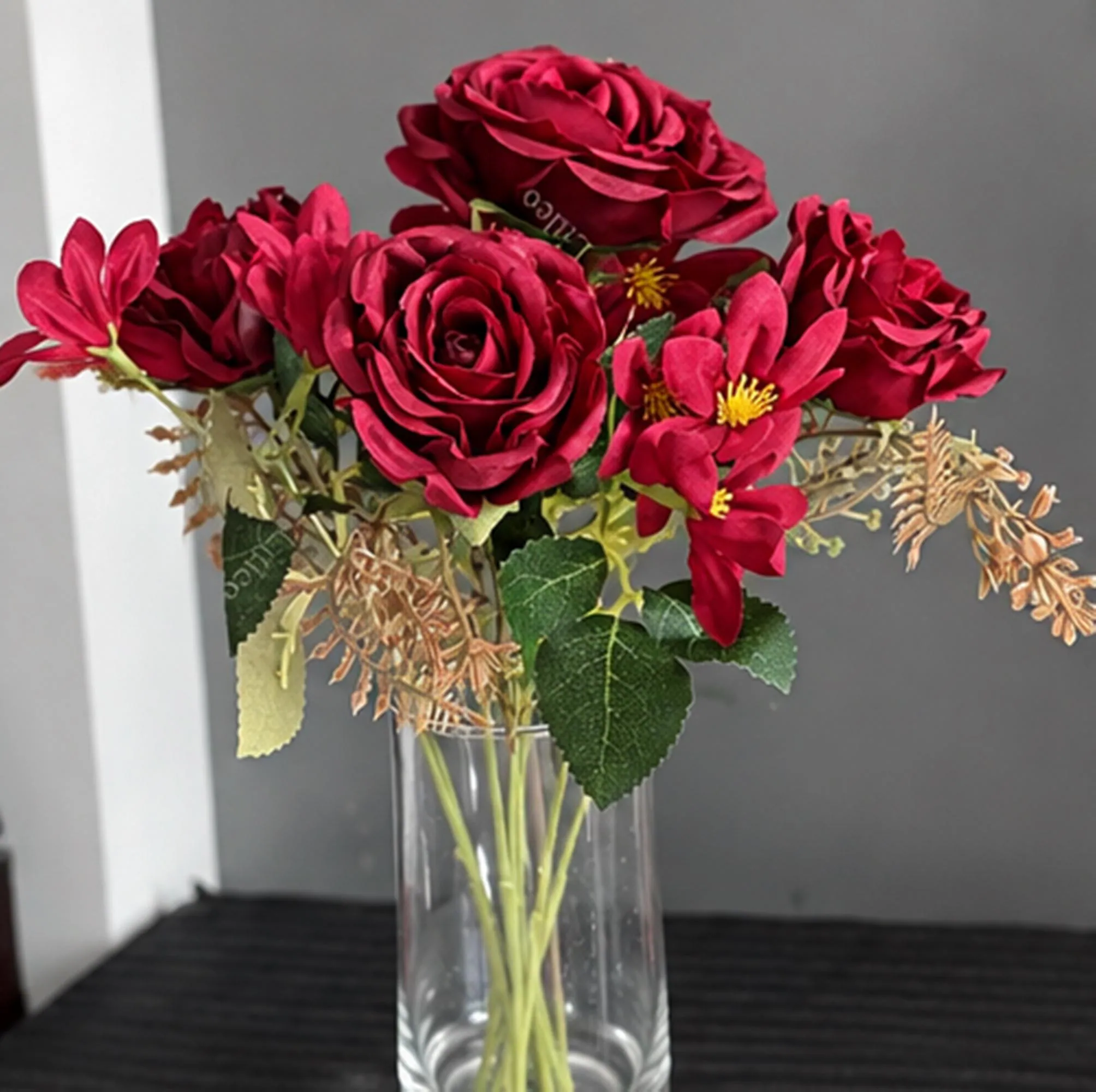 Artificial Red Rose and Mixed Floral Bouquet, Faux Burgundy Flower Arrangement Without Vase