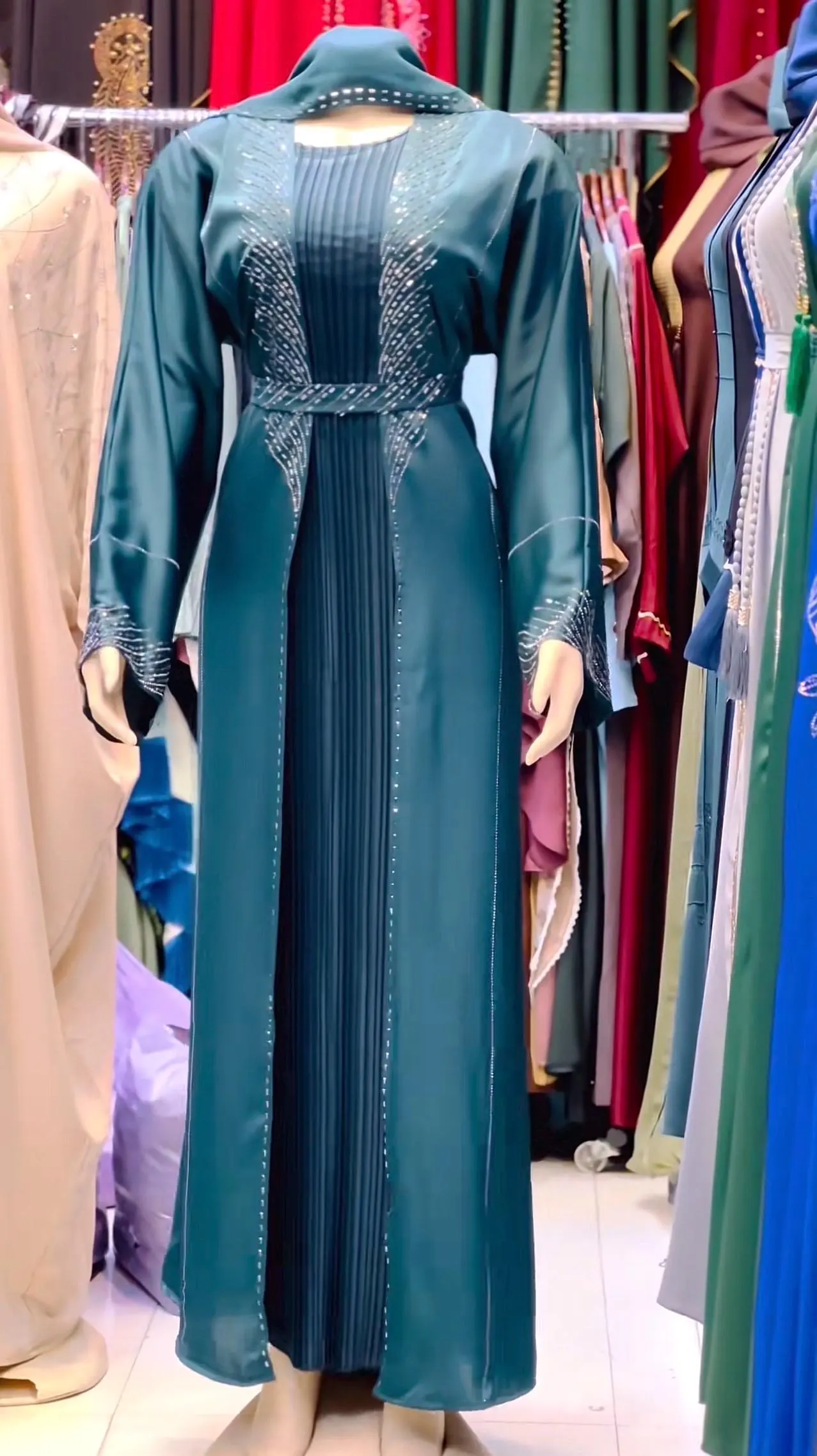Teal Green Abaya Kaftan Dress | Pleated Modest Gown with Belt | Elegant Islamic Dress for Eid, Weddings & Evening Wear