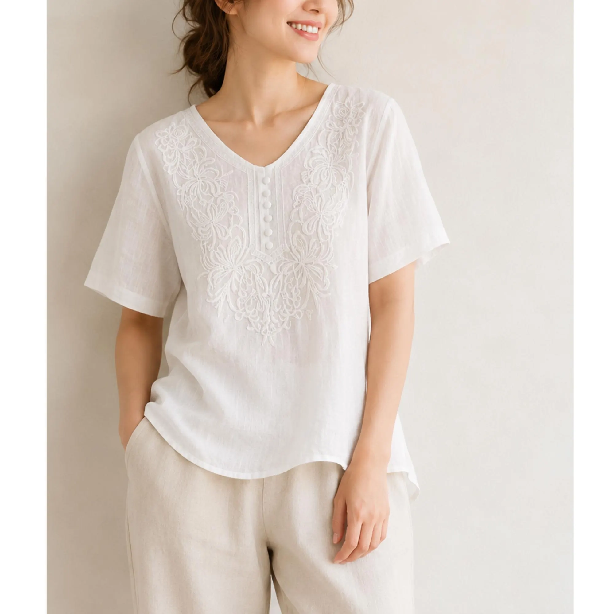 Embroidered Cotton T-Shirt, Vintage Style Loose Fit Short Sleeve Tee - image 4