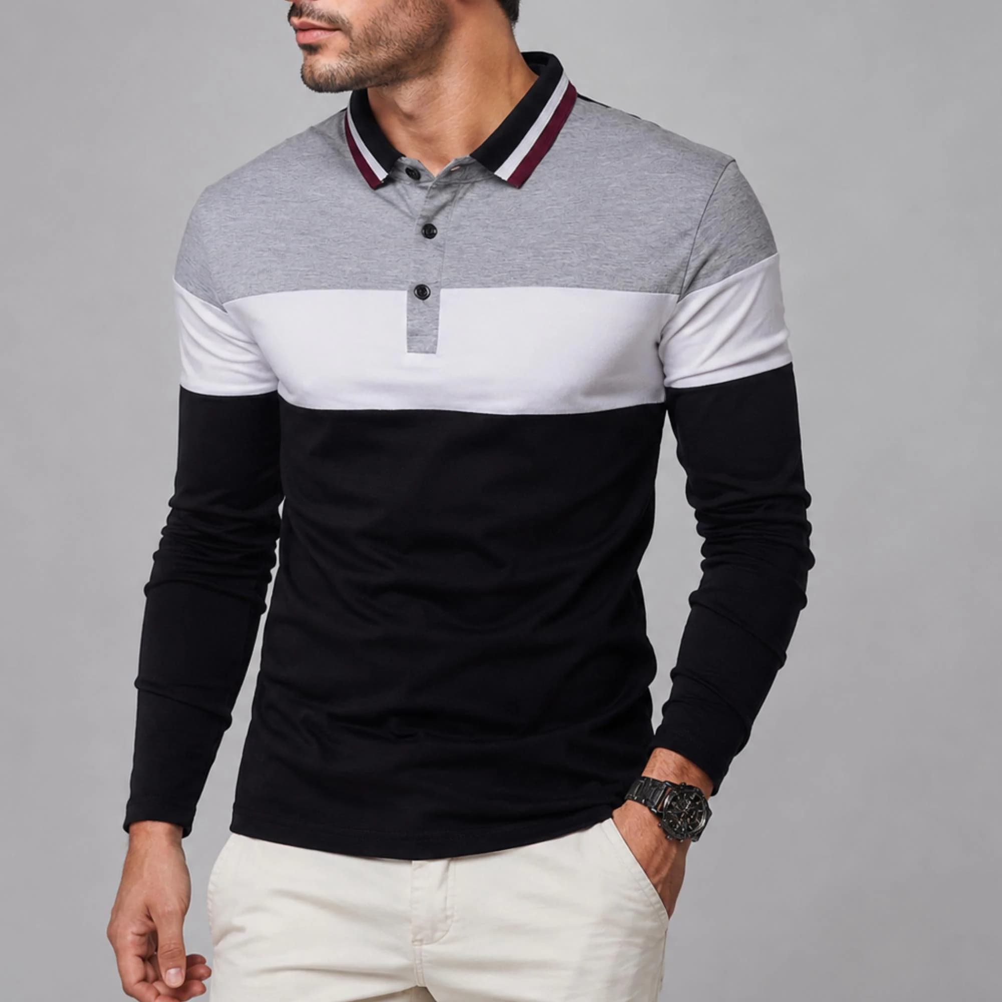 Men's Vintage Style Color Block Long Sleeve Shirt, Retro Lapel Casual Top