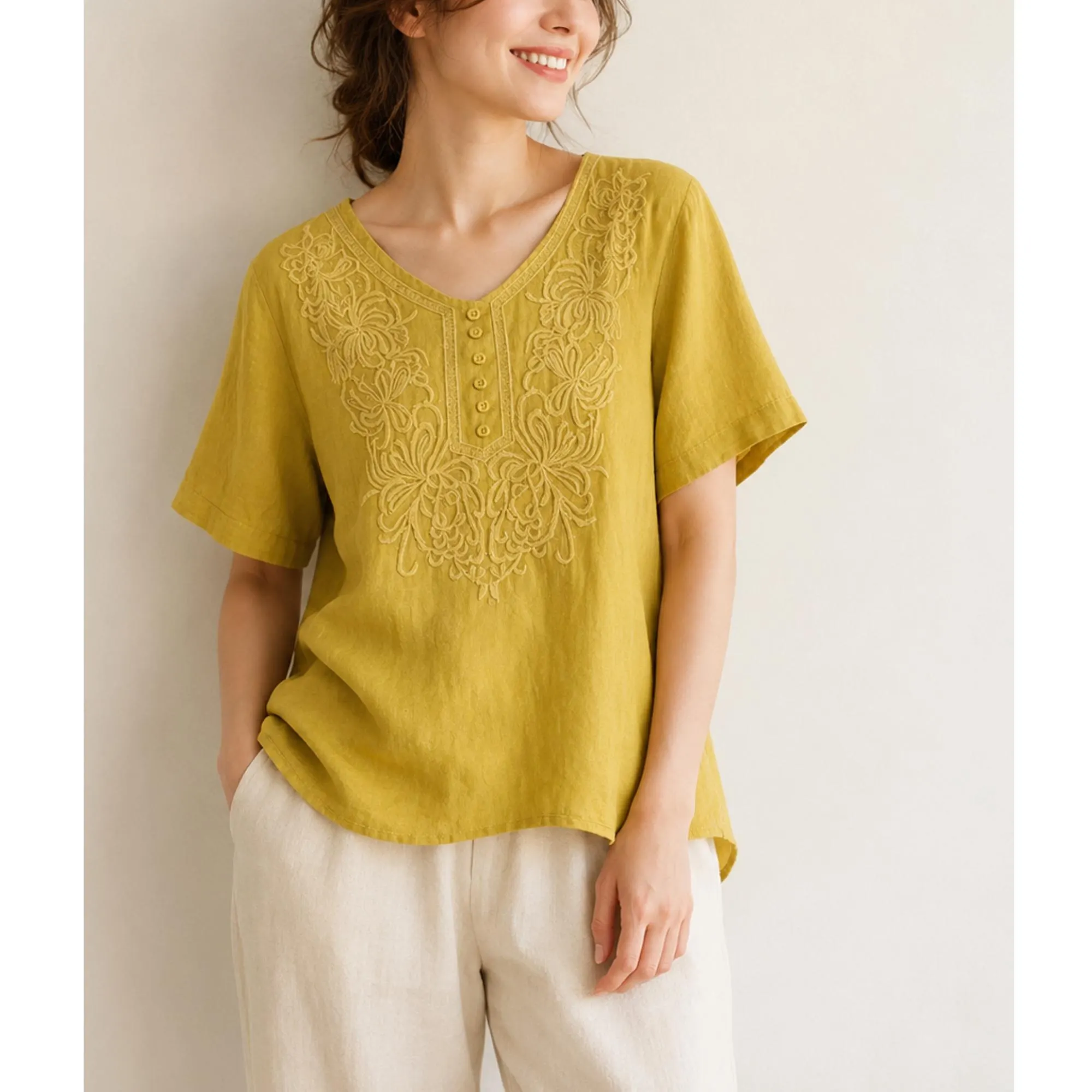 Embroidered Cotton T-Shirt, Vintage Style Loose Fit Short Sleeve Tee - image 2
