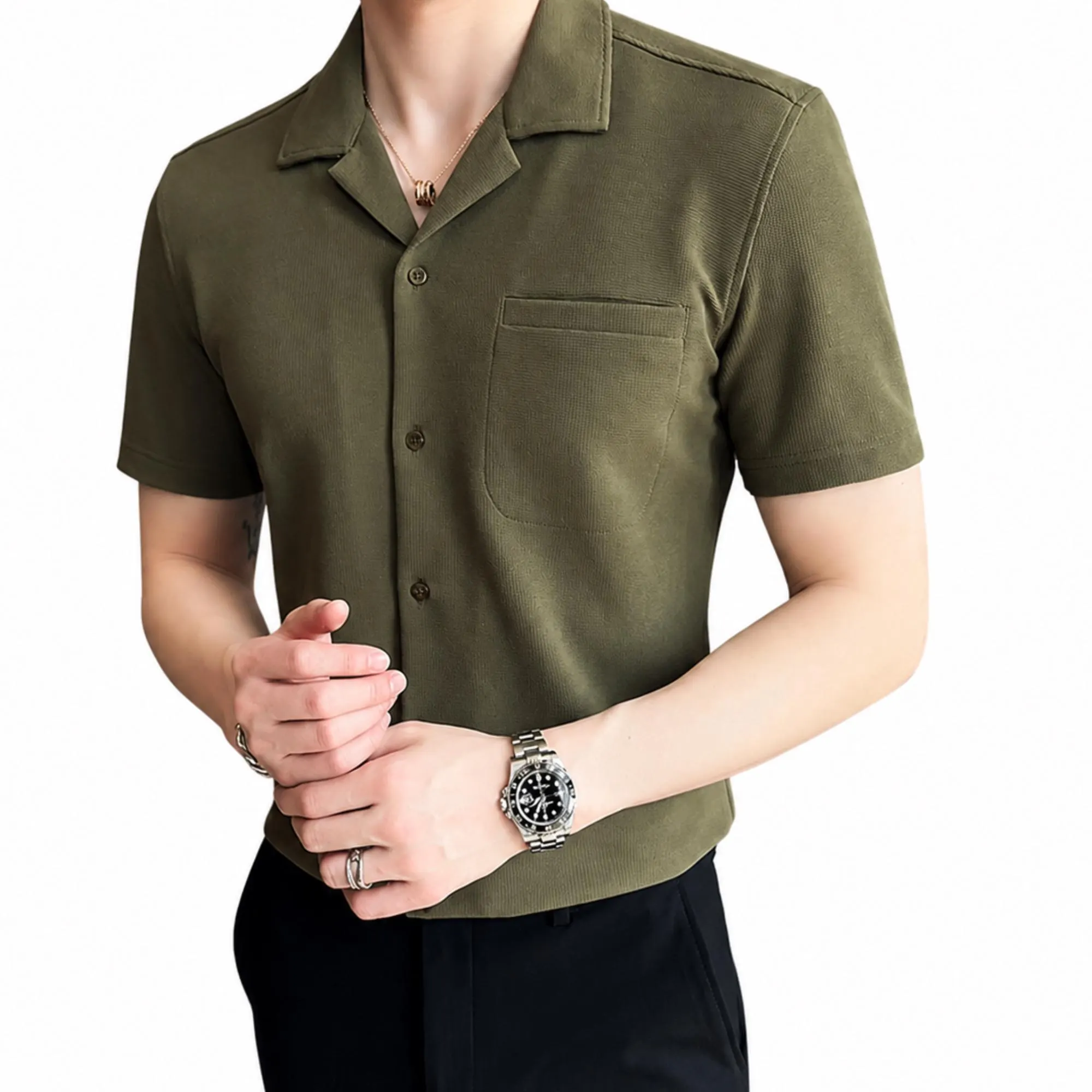 Men's Vintage Waffle Ice Silk Shirt, Lightweight Cuban Collar Summer Top