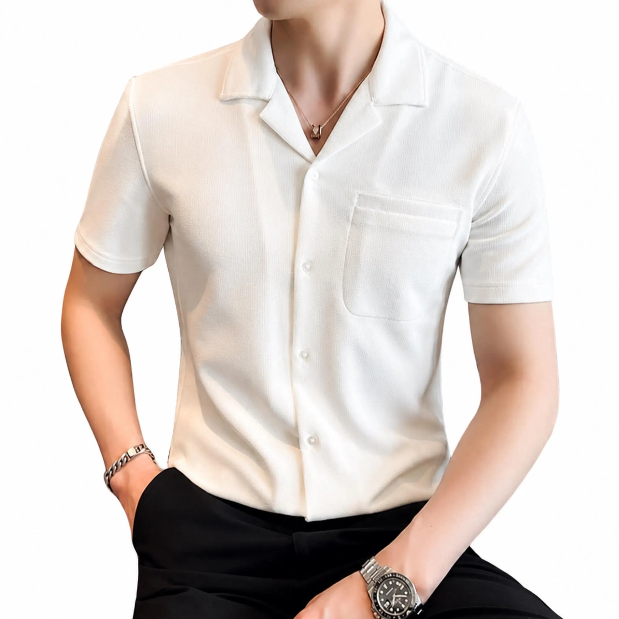 Men's Vintage Waffle Ice Silk Shirt, Lightweight Cuban Collar Summer Top - image 2