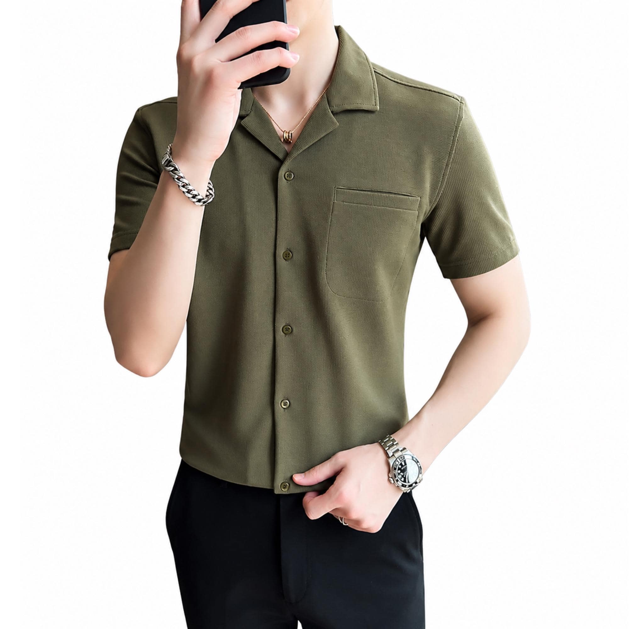 Men's Vintage Waffle Ice Silk Shirt, Lightweight Cuban Collar Summer Top - image 5