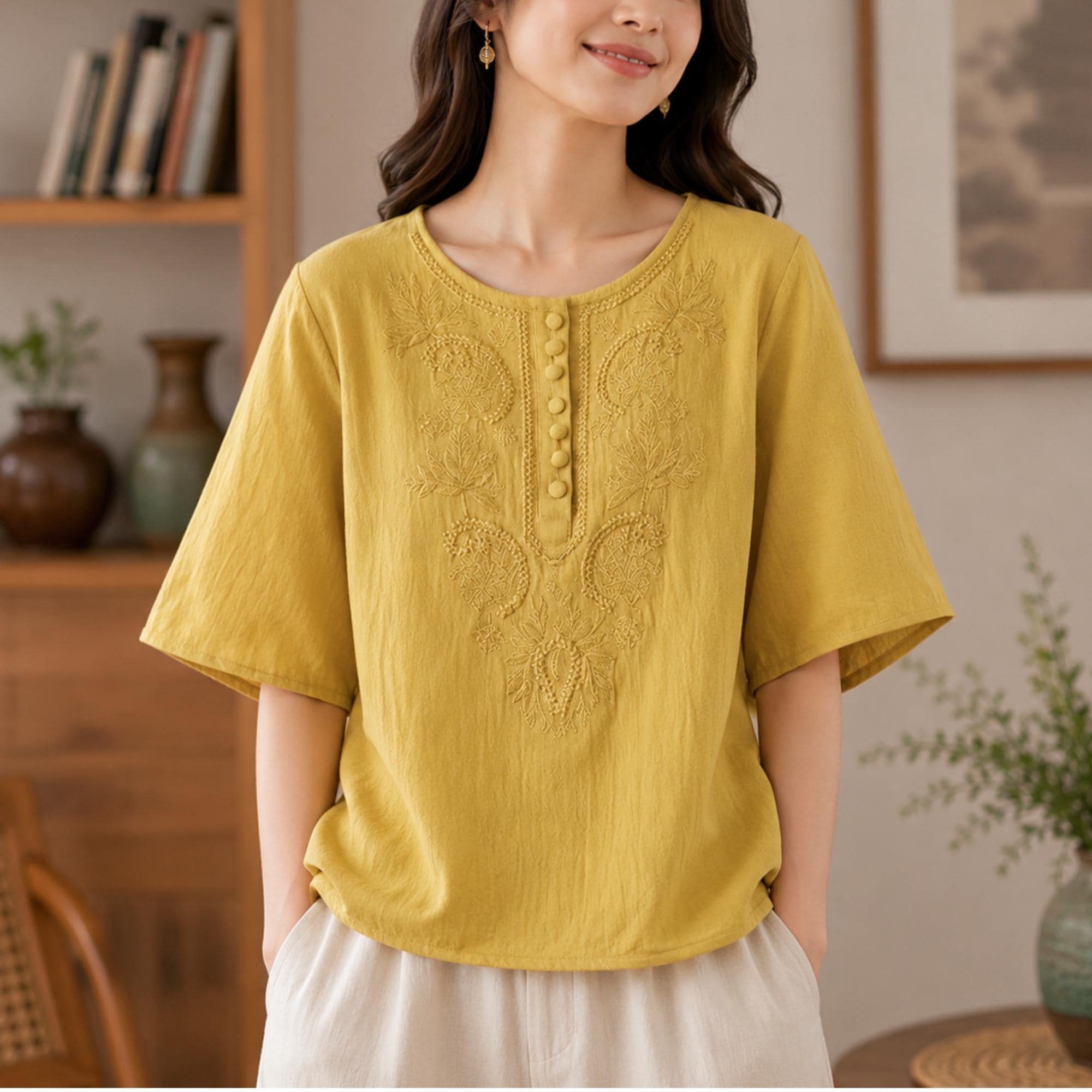 Embroidered Cotton T-Shirt, Vintage Style Loose Fit Short Sleeve Tee