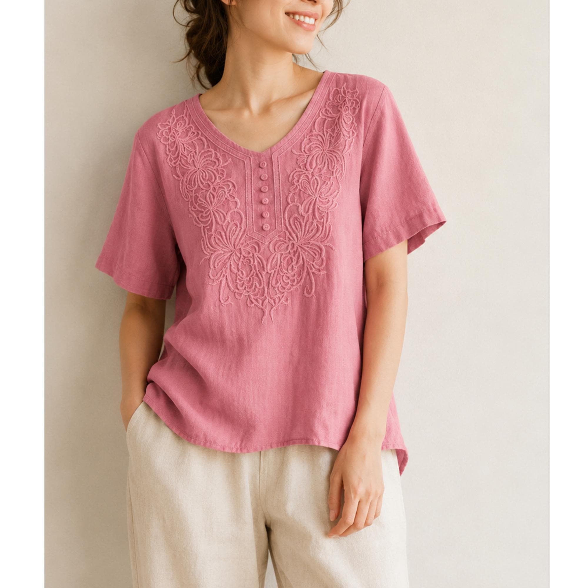 Embroidered Cotton T-Shirt, Vintage Style Loose Fit Short Sleeve Tee - image 3