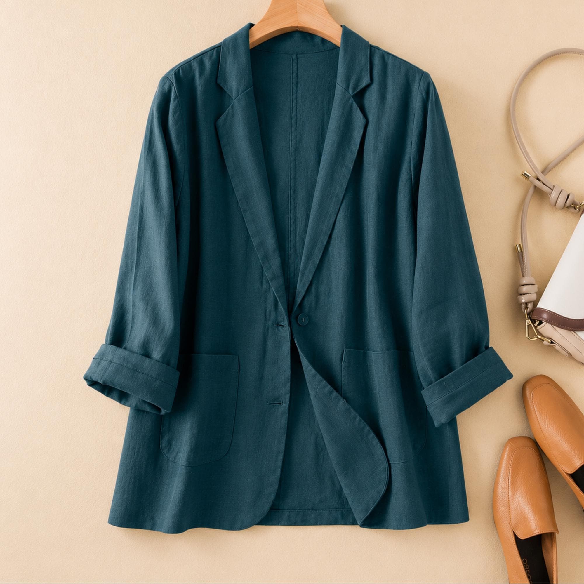 Plus Size Vintage Style Linen Blend Blazer, Oversized Cotton Jacket