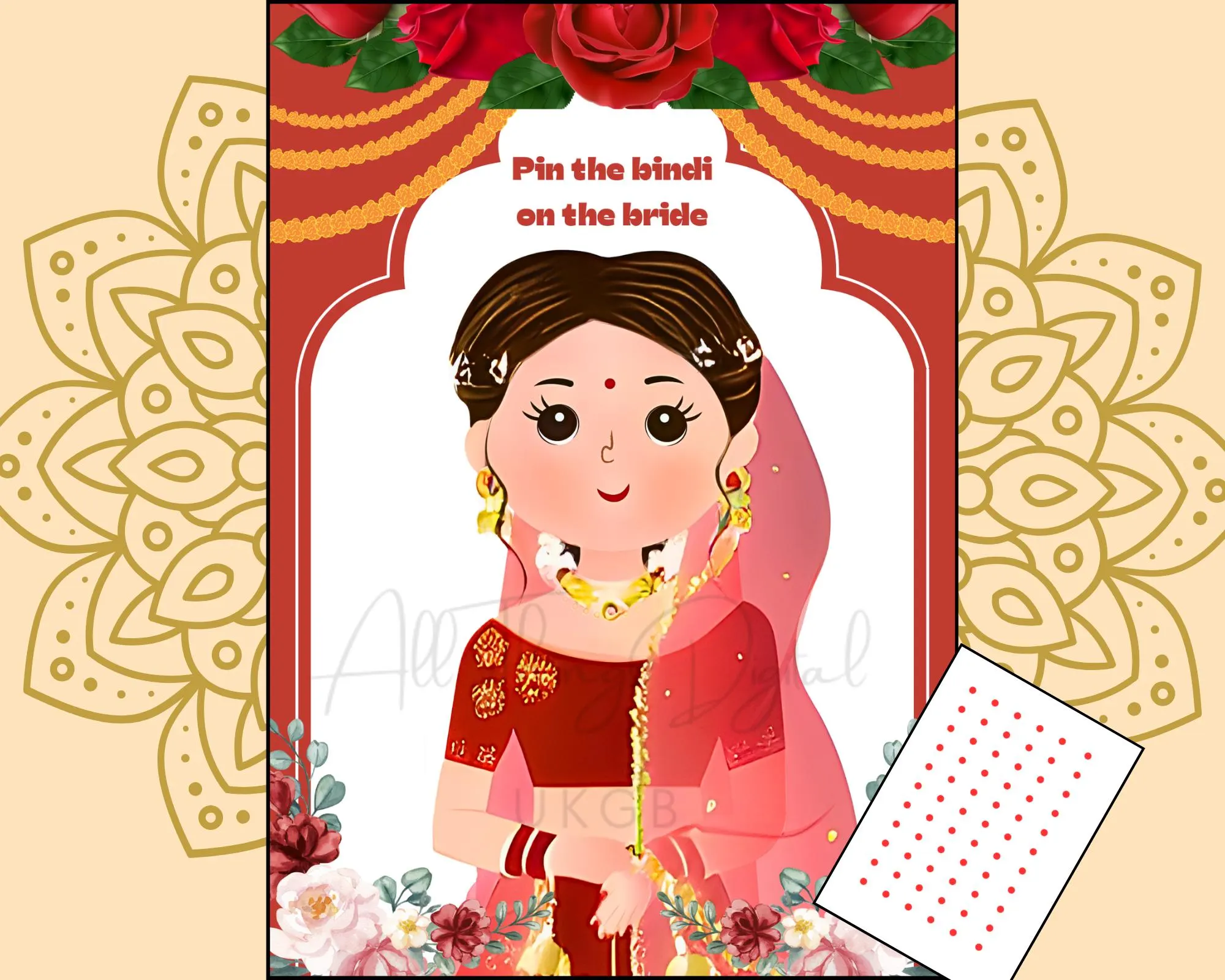 Desi Pin the Bindi on Bride Party Game for Bridal Showers & hen do parties, Mehndi, Haldi, Dolki, Sangeet Indian Asian Weddings, Bride Fold
