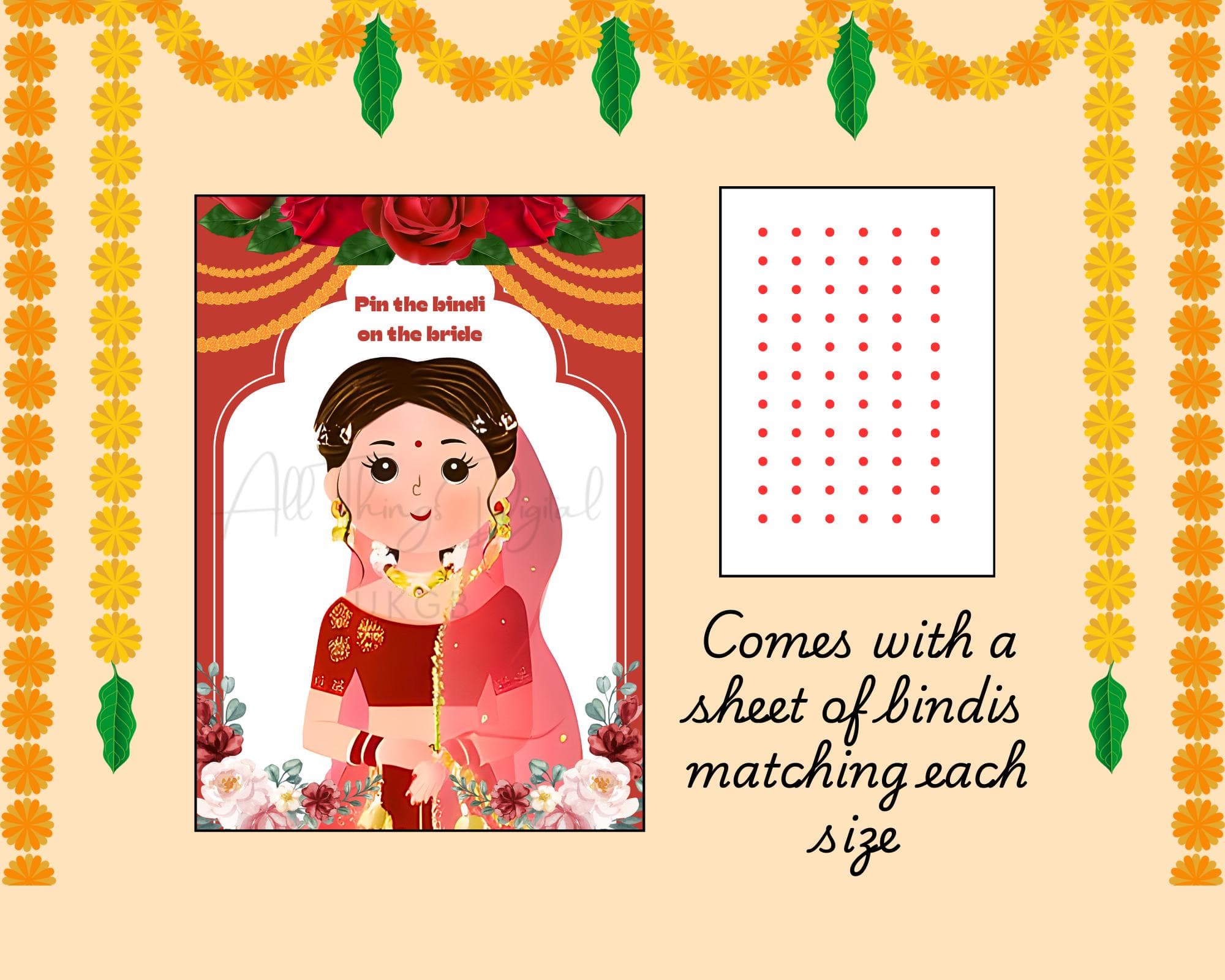 Desi Pin the Bindi on Bride Party Game for Bridal Showers & hen do parties, Mehndiy, Haldi, Dolki, Sangeet Indian Asian Weddings, Blind Fold