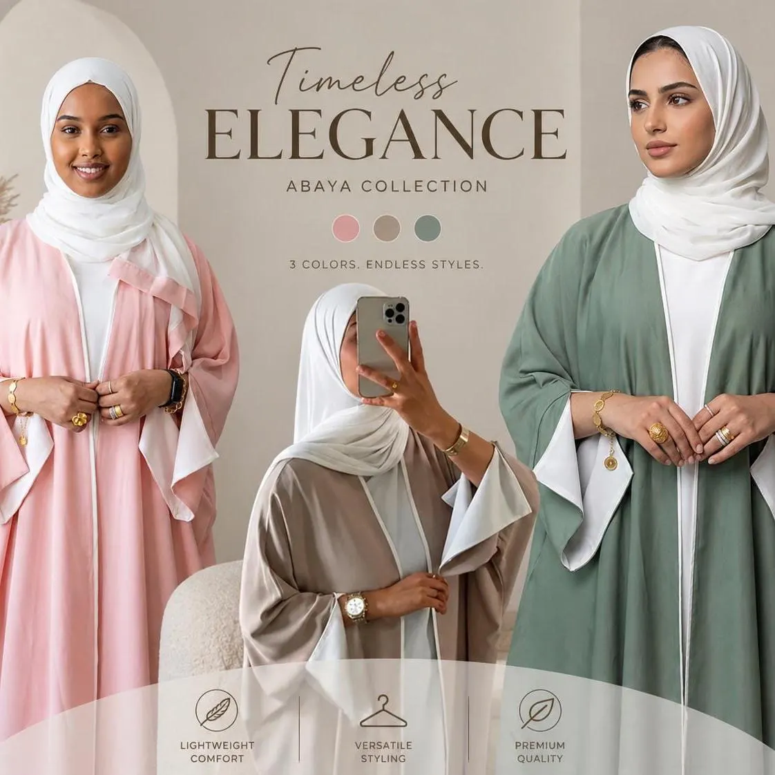 3Pc Open Dubai Abaya Kimono with Slit Sleeve