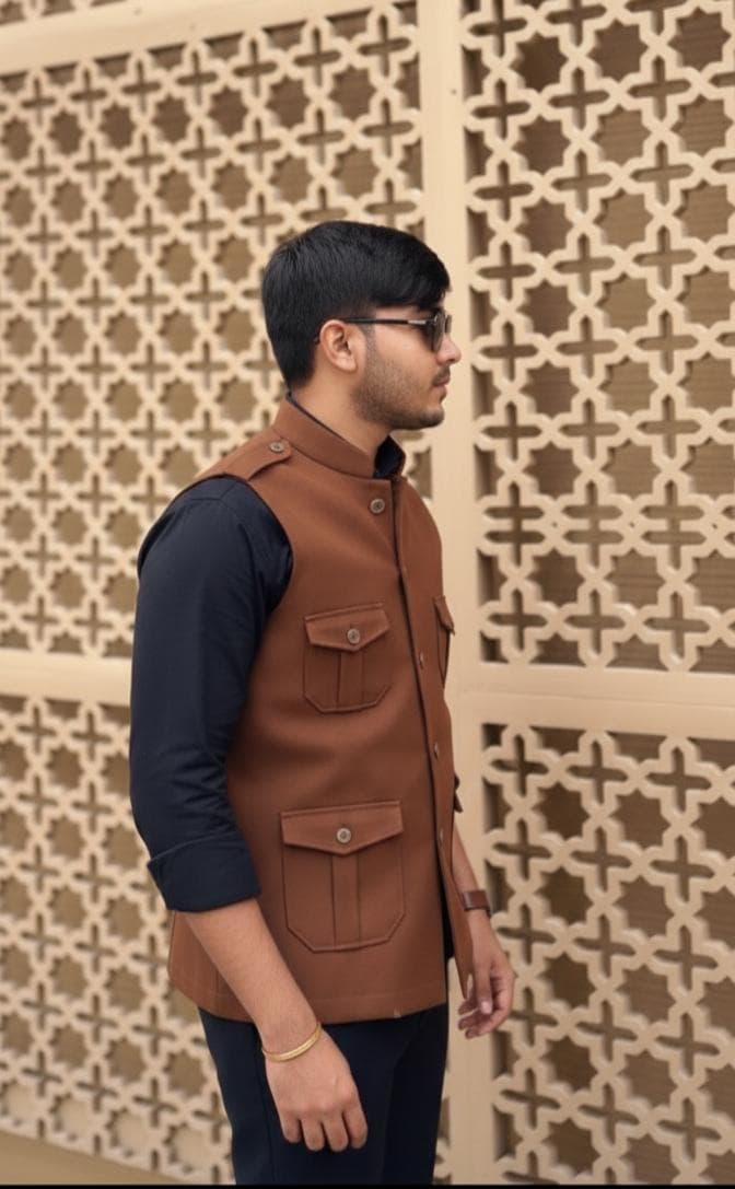 Men's Brown Nehru Jacket, Indian Wedding Vest, Safari Style - image 3