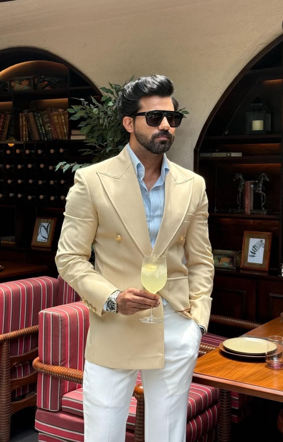 Men's Beige Double Breasted Blazer & White Trouser Set | Formal Poly-Viscose Suit - image 5