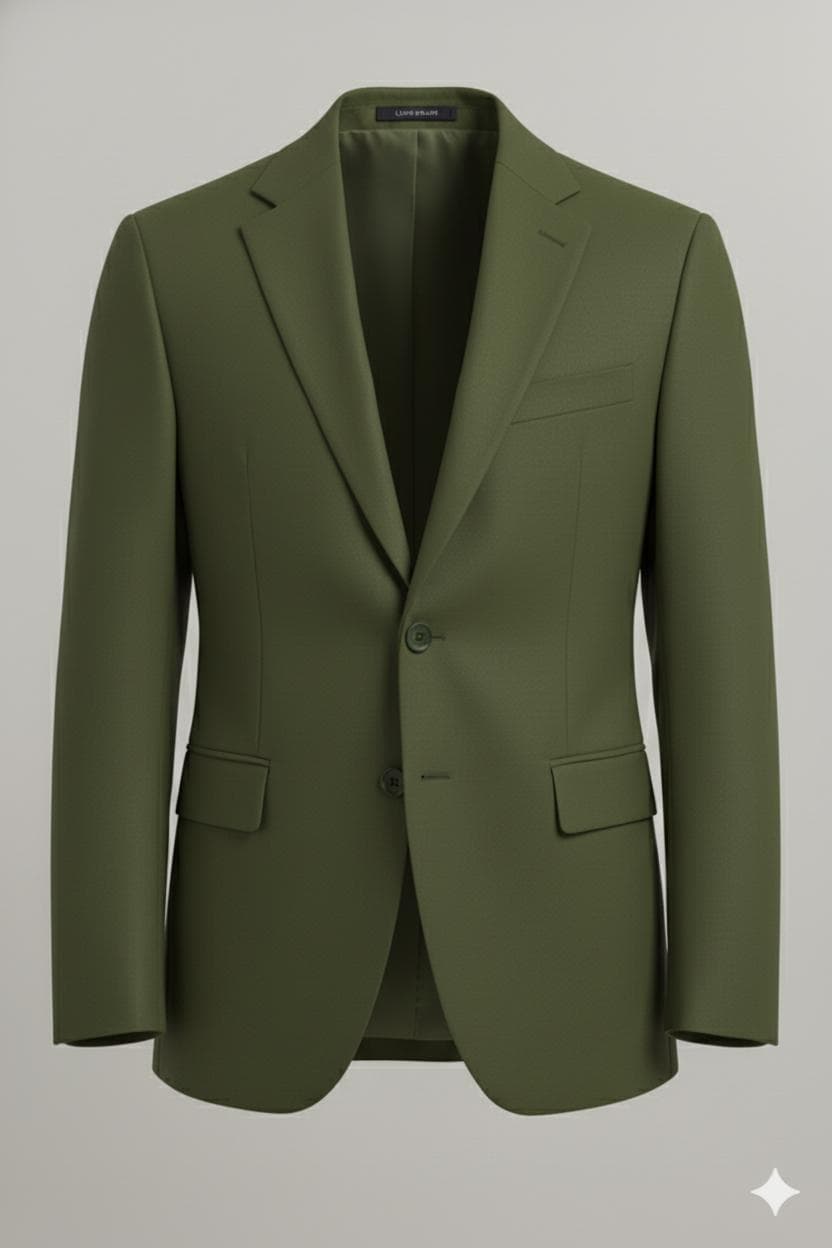 “Men’s olive green blazer jacket with notch lapel, single-breasted design, front button closure, and flap pockets, shown on a plain background.”