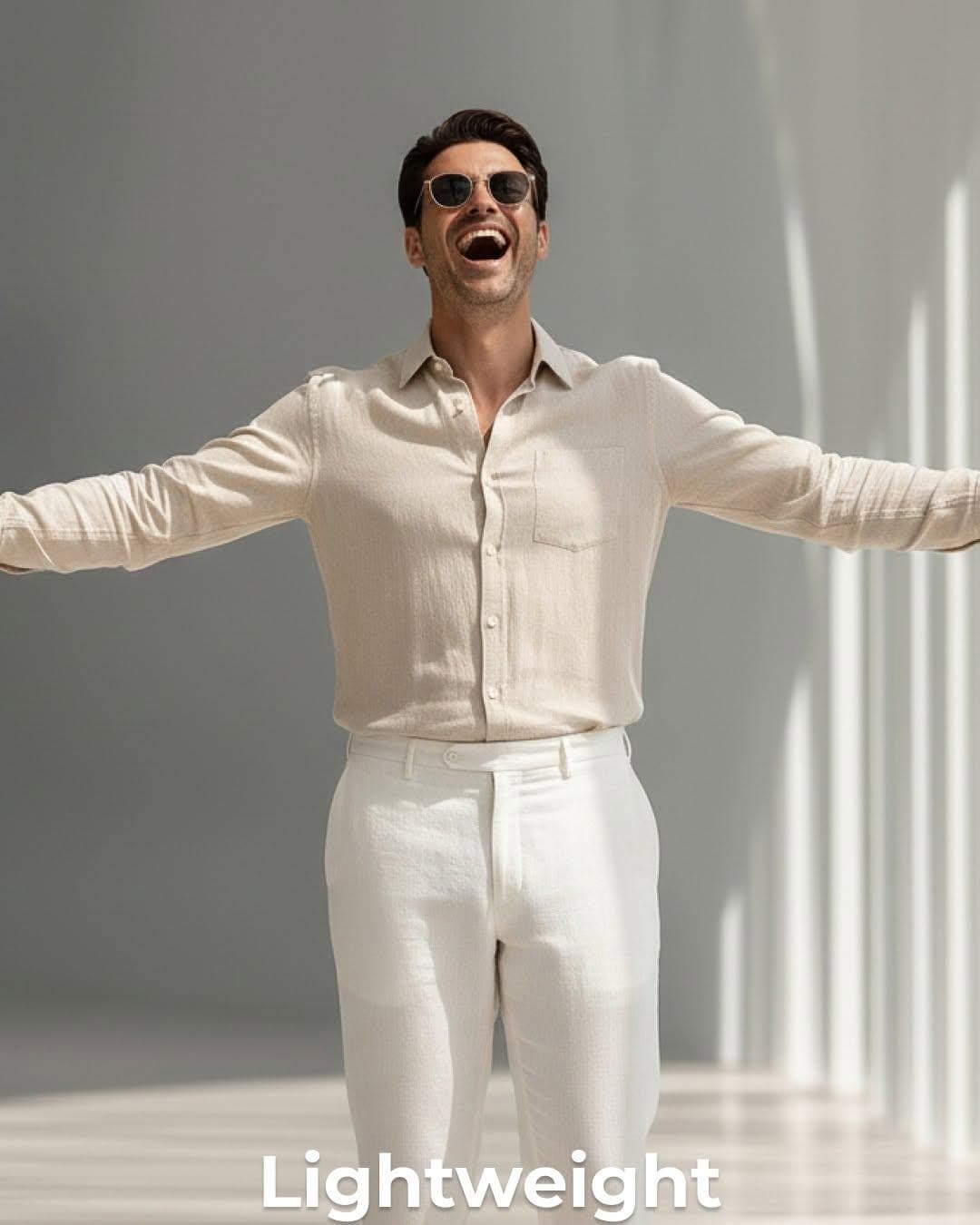 Men's Linen Outfit | Beige Shirt & White Trousers, Relaxed Fit - image 3