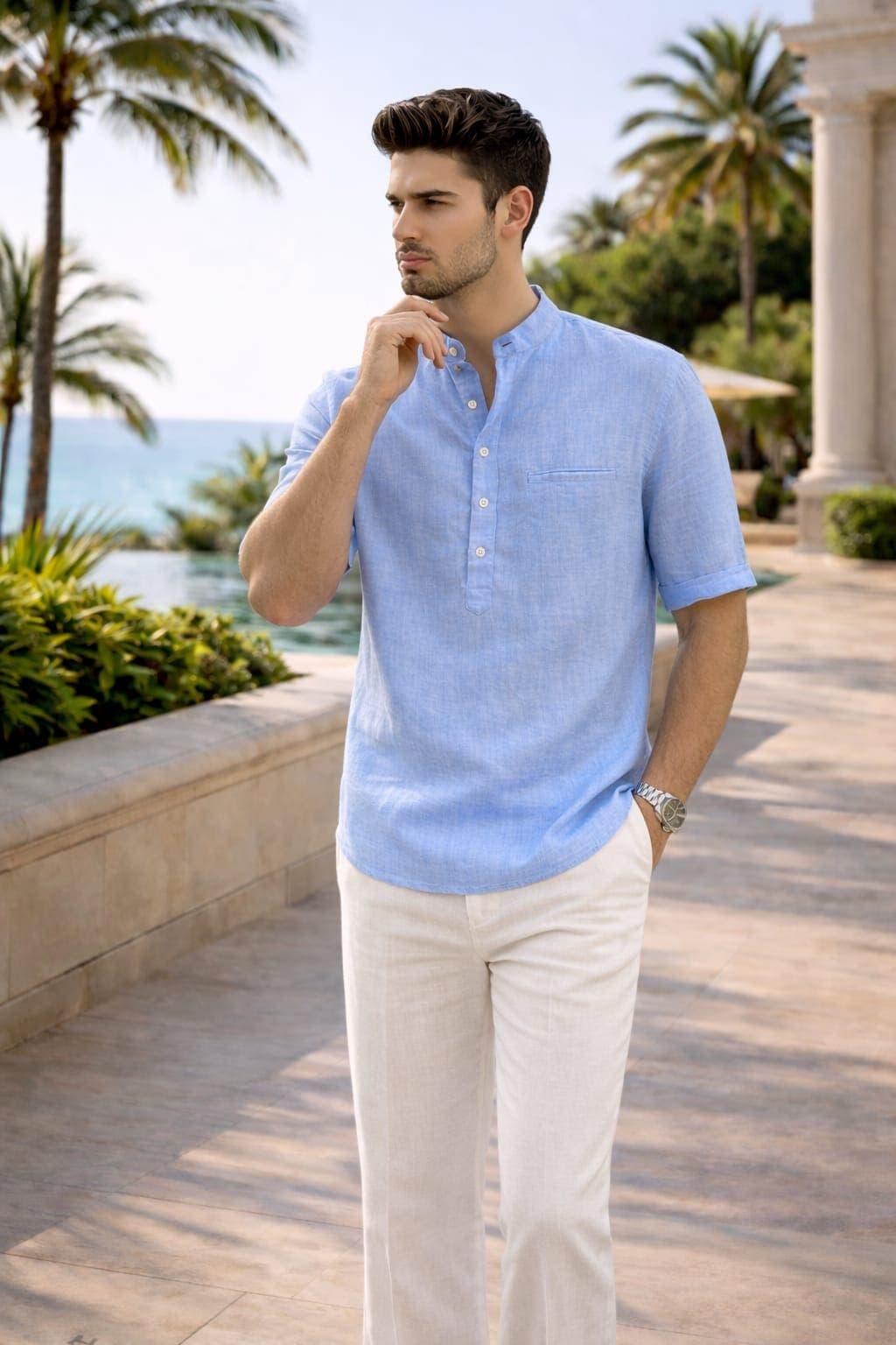 Men's Sky Blue Linen Cotton Kurta Shirt White Pants Set | Breathable Summer Vacation Outfit - image 4