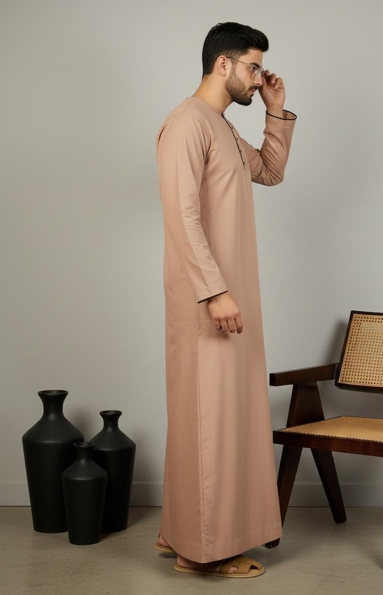 Men's Light Camel Brown Jubba | Arabic Thobe with Black Piping - image 3