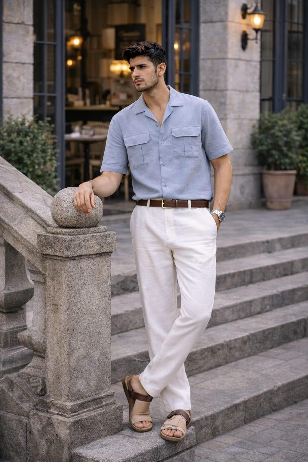 Men's Light Blue Linen Shirt & White Trousers | Summer Resort Co-Ord Set - image 2