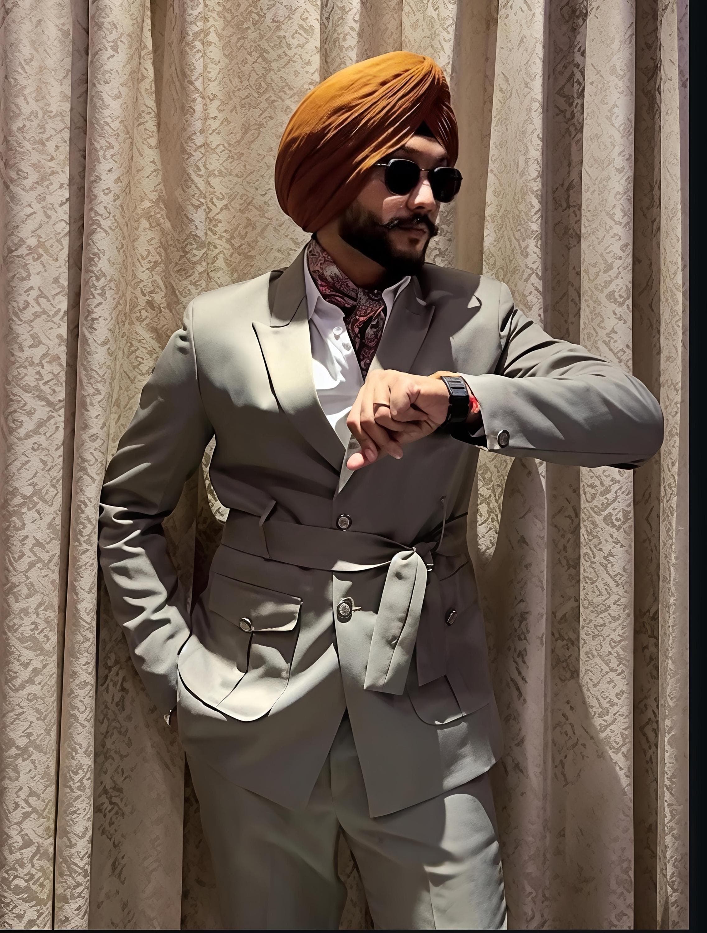 Men's Safari Suit | Taupe Belted Blazer & Tailored Trousers - image 3