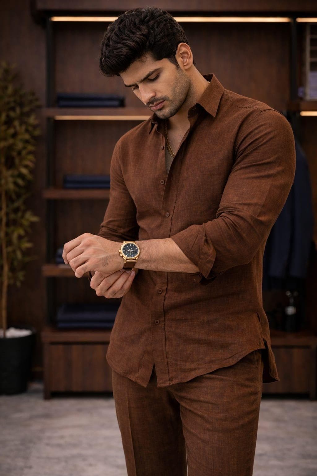 Brown Linen Cotton Shirt and Trouser Set, Slim Fit Menswear Outfit - image 3