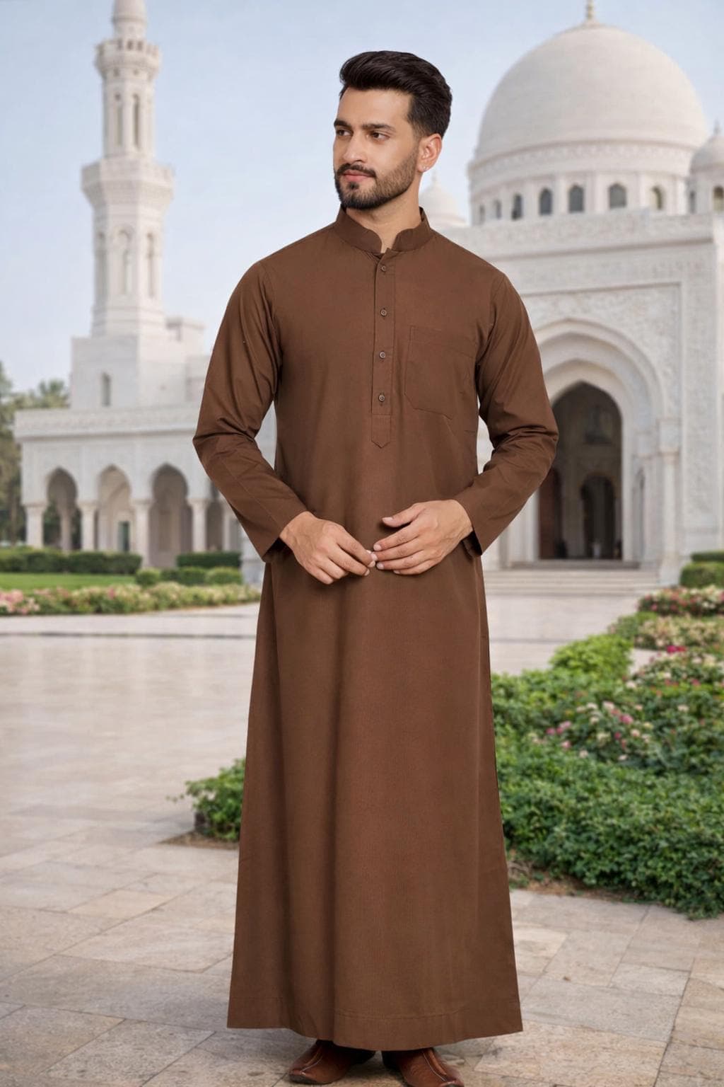 Men's Brown Cotton Blend Long Kurta Jubba | Modest Islamic Wear