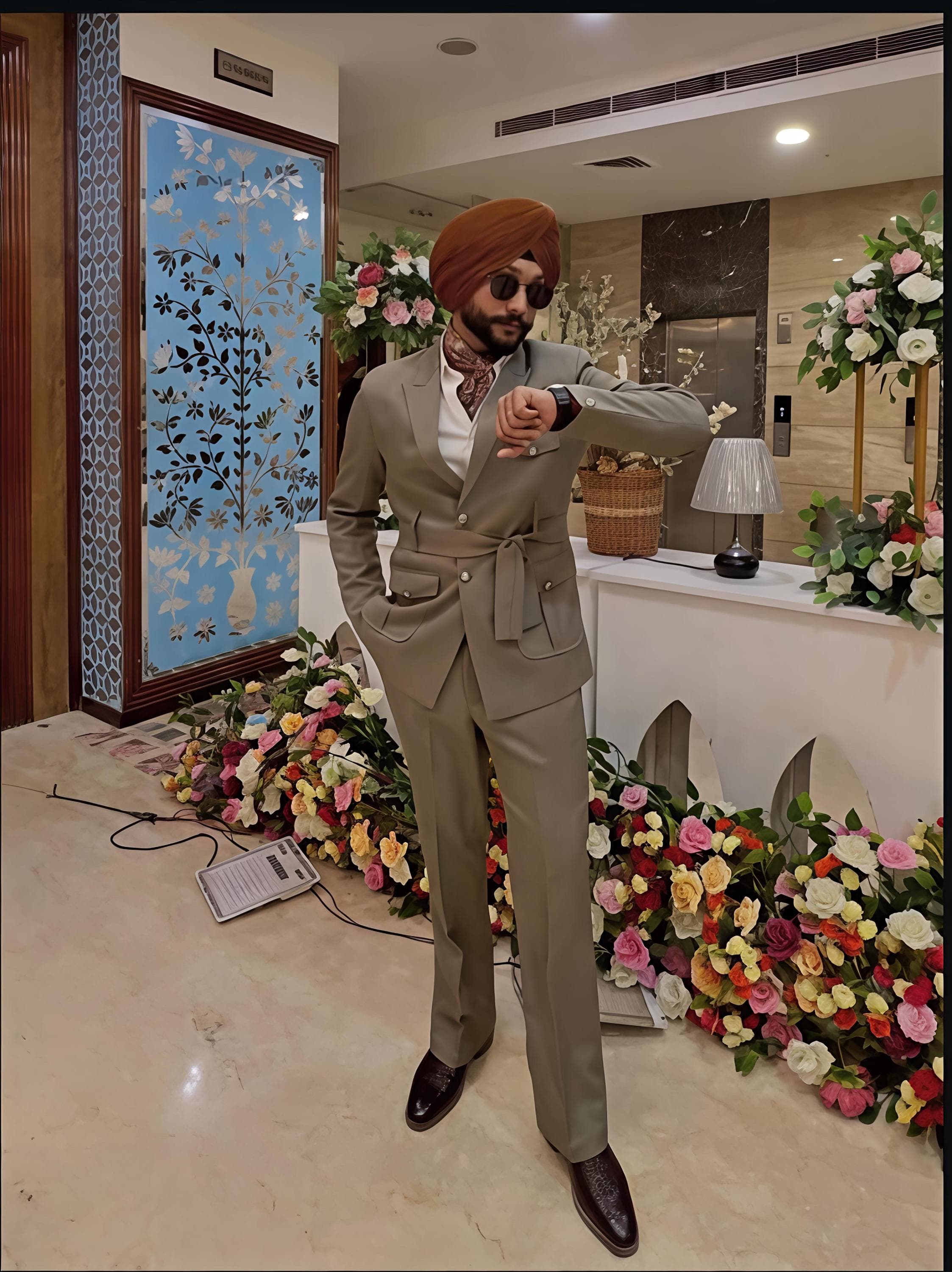 Men's Safari Suit | Taupe Belted Blazer & Tailored Trousers