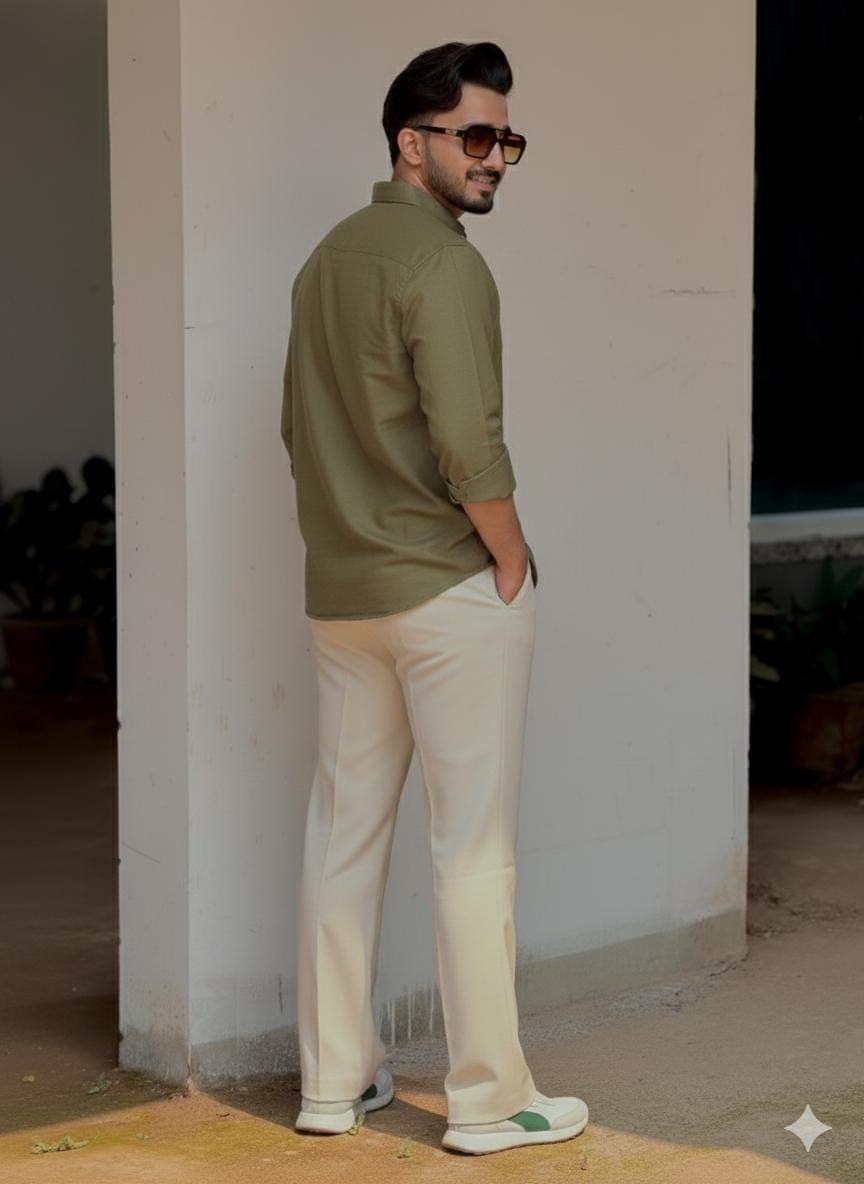 Men's Olive Green Shirt & Cream Trousers | Two-Piece Outfit - image 4