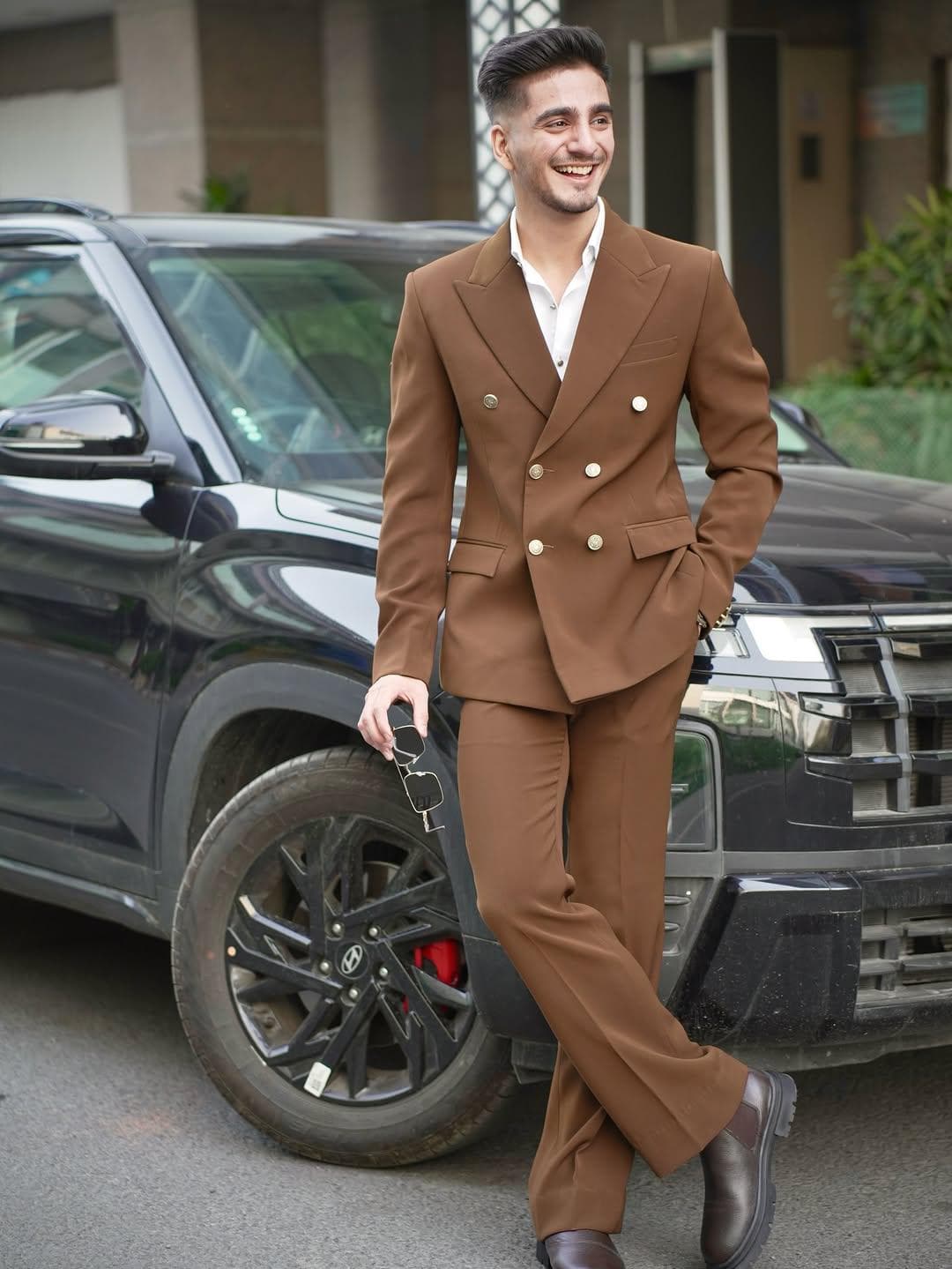 Men's Coffee Brown Double Breasted Suit, Custom Tailored Terry Rayon