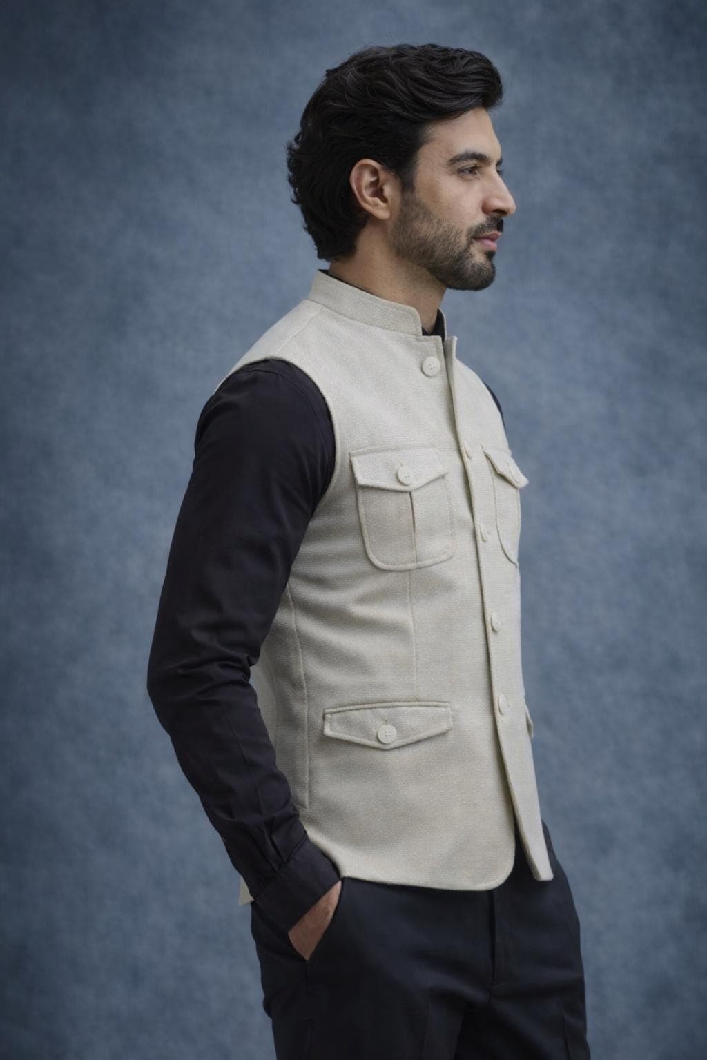 Men's Cream Nehru Jacket, Safari Style Vest, Indian Wedding Wear - image 3