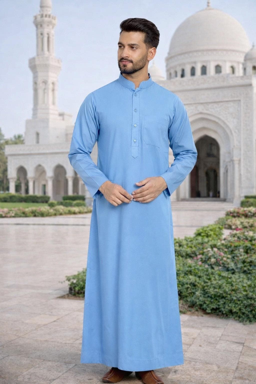 Sky Blue Men’s Thobe | Islamic Wear | Long Kurta for Men | Ramadan & Eid Outfit