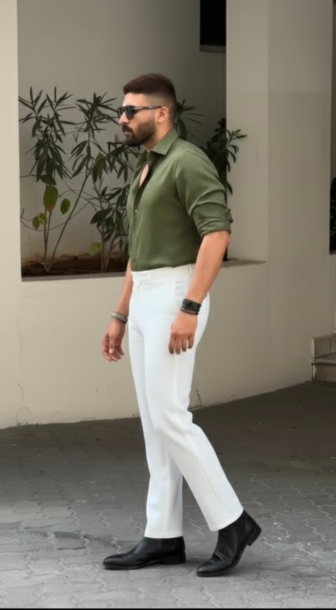 Men's Olive Green Linen Shirt & White Trouser Set | Summer Beach Outfit - image 3