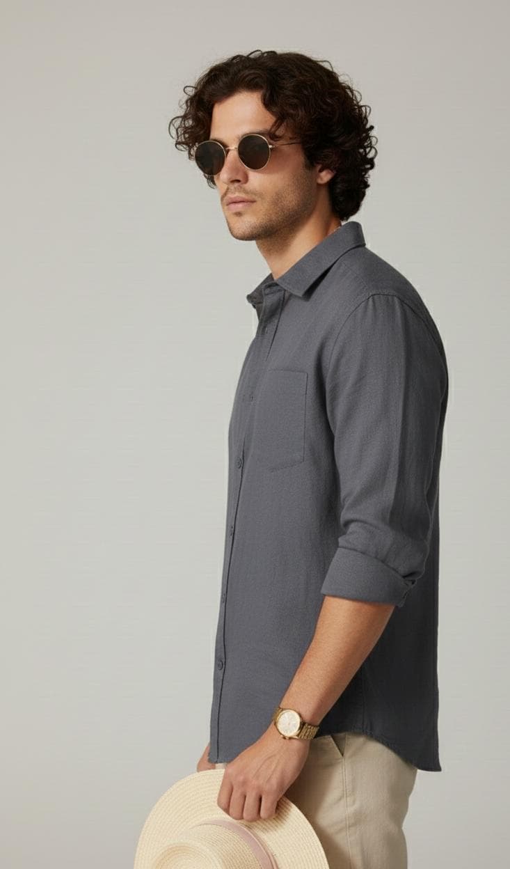 Men's Gray Cotton Linen Shirt | Casual Long Sleeve Outfit - image 3