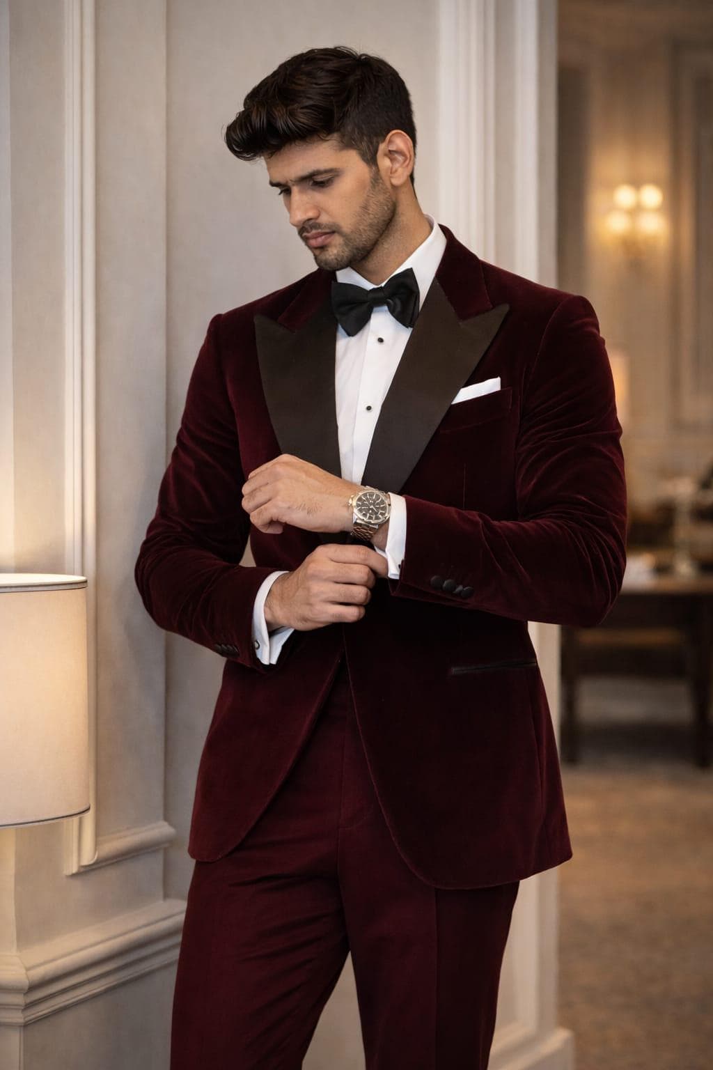 Men's Burgundy Velvet Tuxedo Suit, Slim Fit Formal Blazer Set, Wedding Groom Outfit - image 5