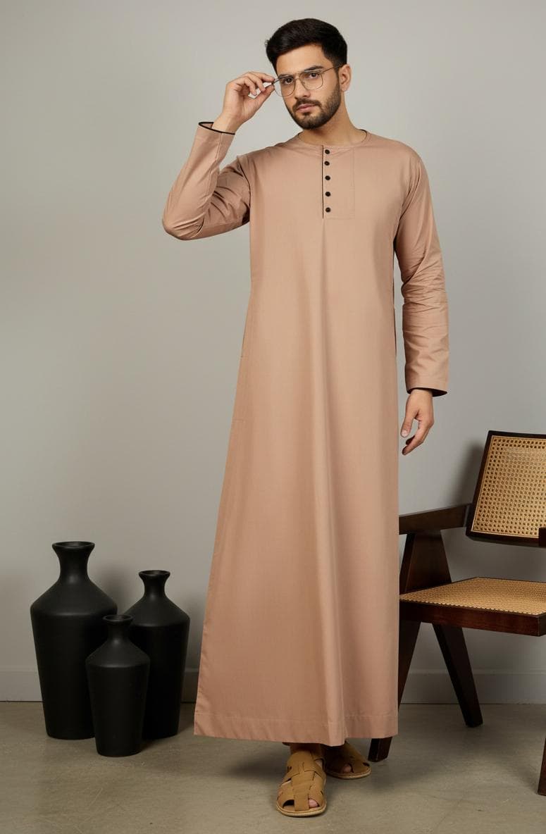 Men's Light Camel Brown Jubba | Arabic Thobe with Black Piping