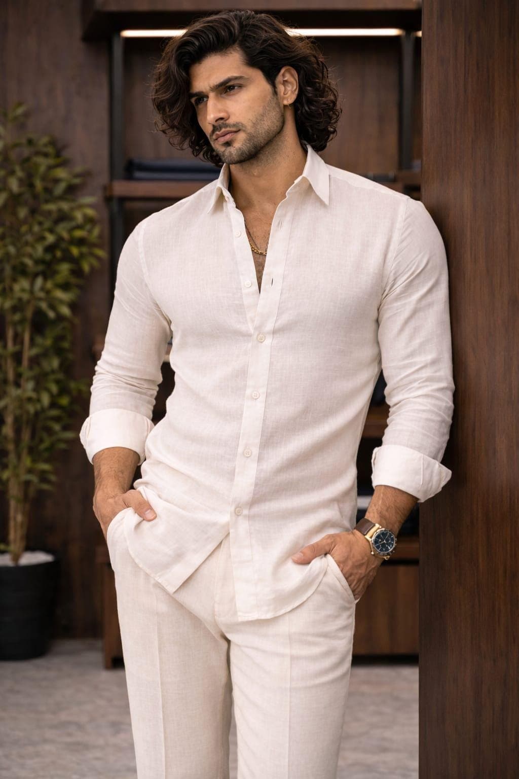 Men's White Linen Cotton Shirt and Trouser Set, Slim Fit Summer Breathable Co-ord Outfit - image 3