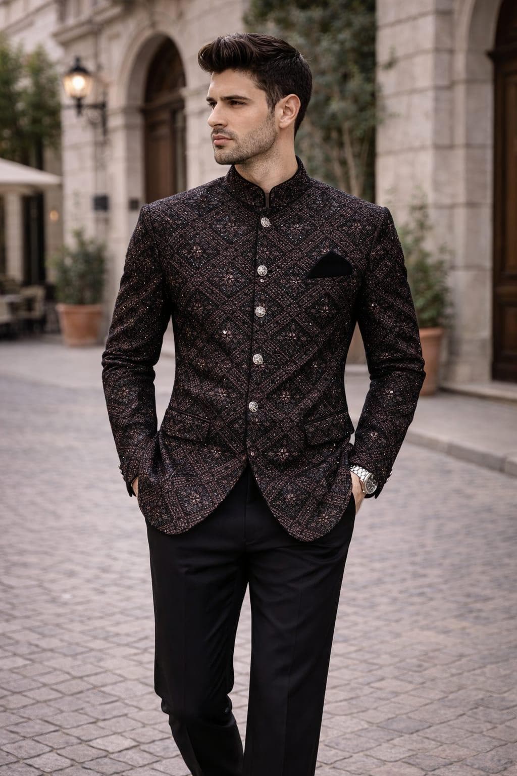 Men's Black Embroidered Bandhgala Blazer | Indo Western Jacquard Jacket