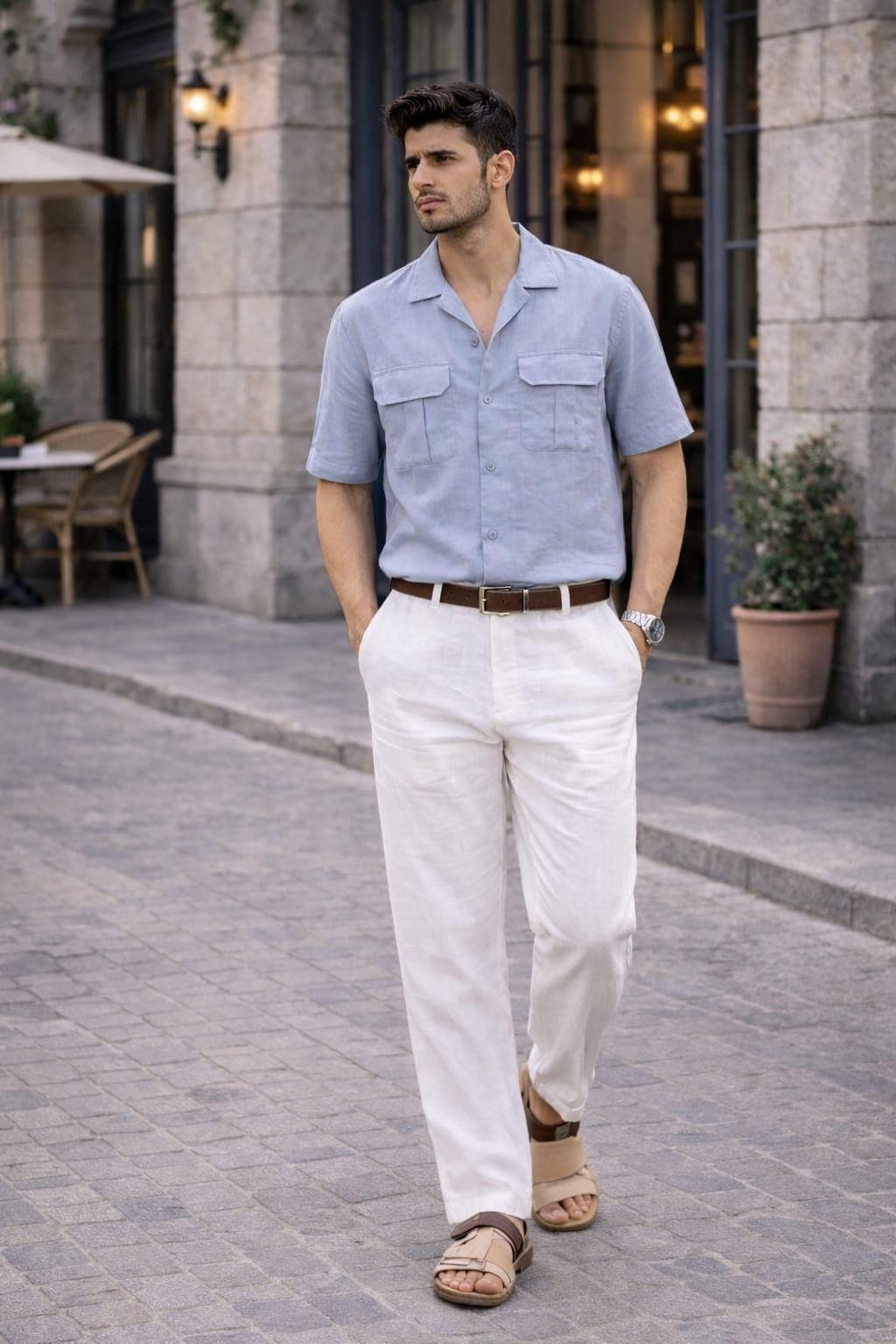 Men's Light Blue Linen Shirt & White Trousers | Summer Resort Co-Ord Set