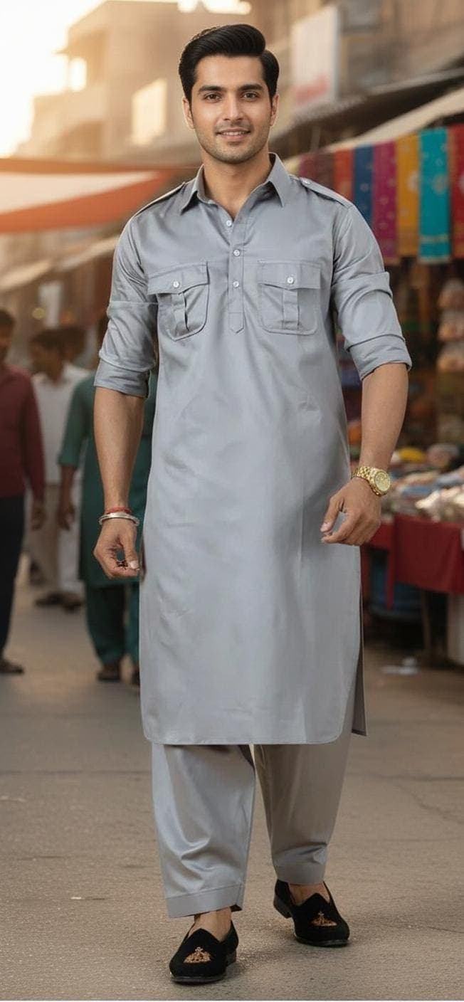 Gray Cotton Blend Kurta Shalwar: Men's Pakistani Suit