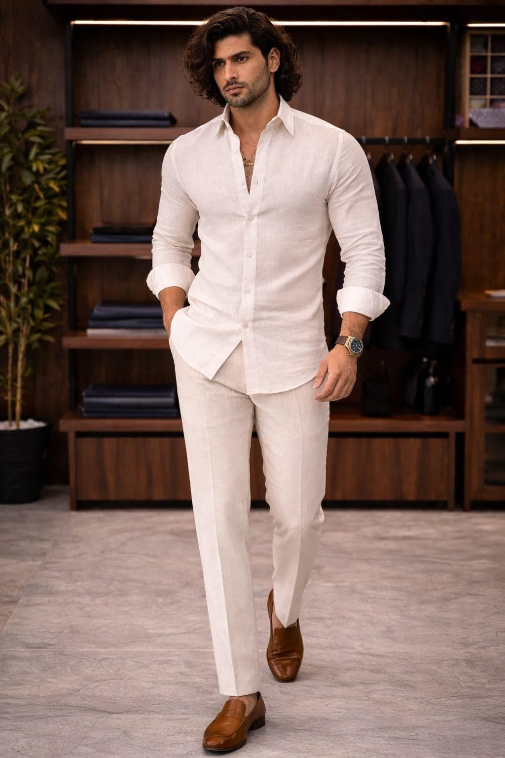 Men's White Linen Cotton Shirt and Trouser Set, Slim Fit Summer Breathable Co-ord Outfit